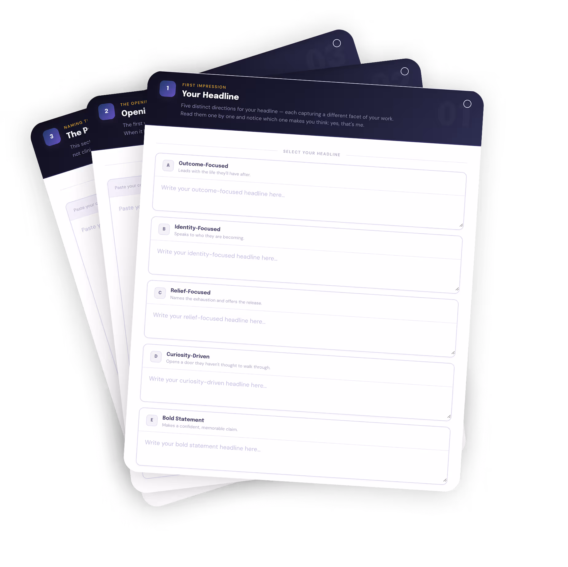 Stack of four digital worksheet pages focusing on writing headlines, with categories like Outcome-Focused, Identity-Focused, Relief-Focused, Curiosity-Driven, and Bold Statement.