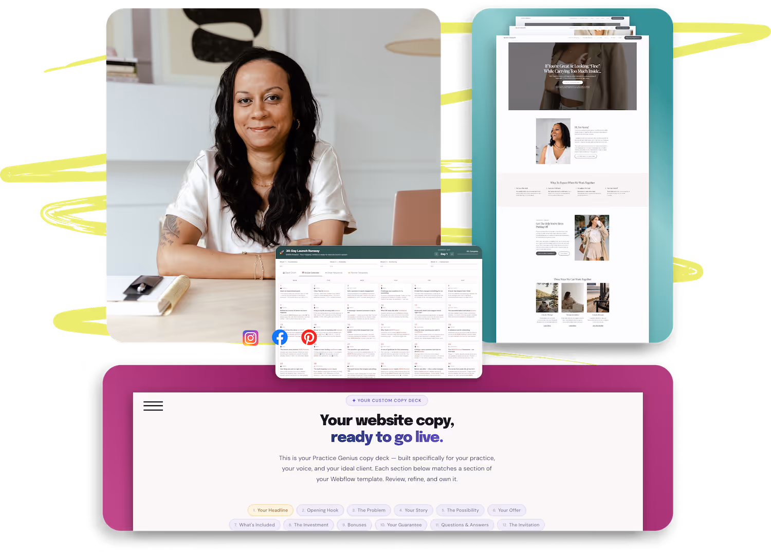 Smiling woman sitting at desk with a laptop and notebook, alongside a website mockup and Google business profile for Grounded Mind Therapy.
