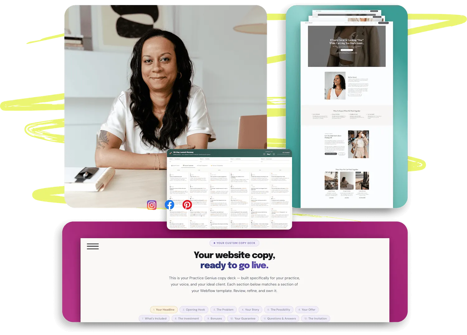 Smiling woman sitting at desk with a laptop and notebook, alongside a website mockup and Google business profile for Grounded Mind Therapy.