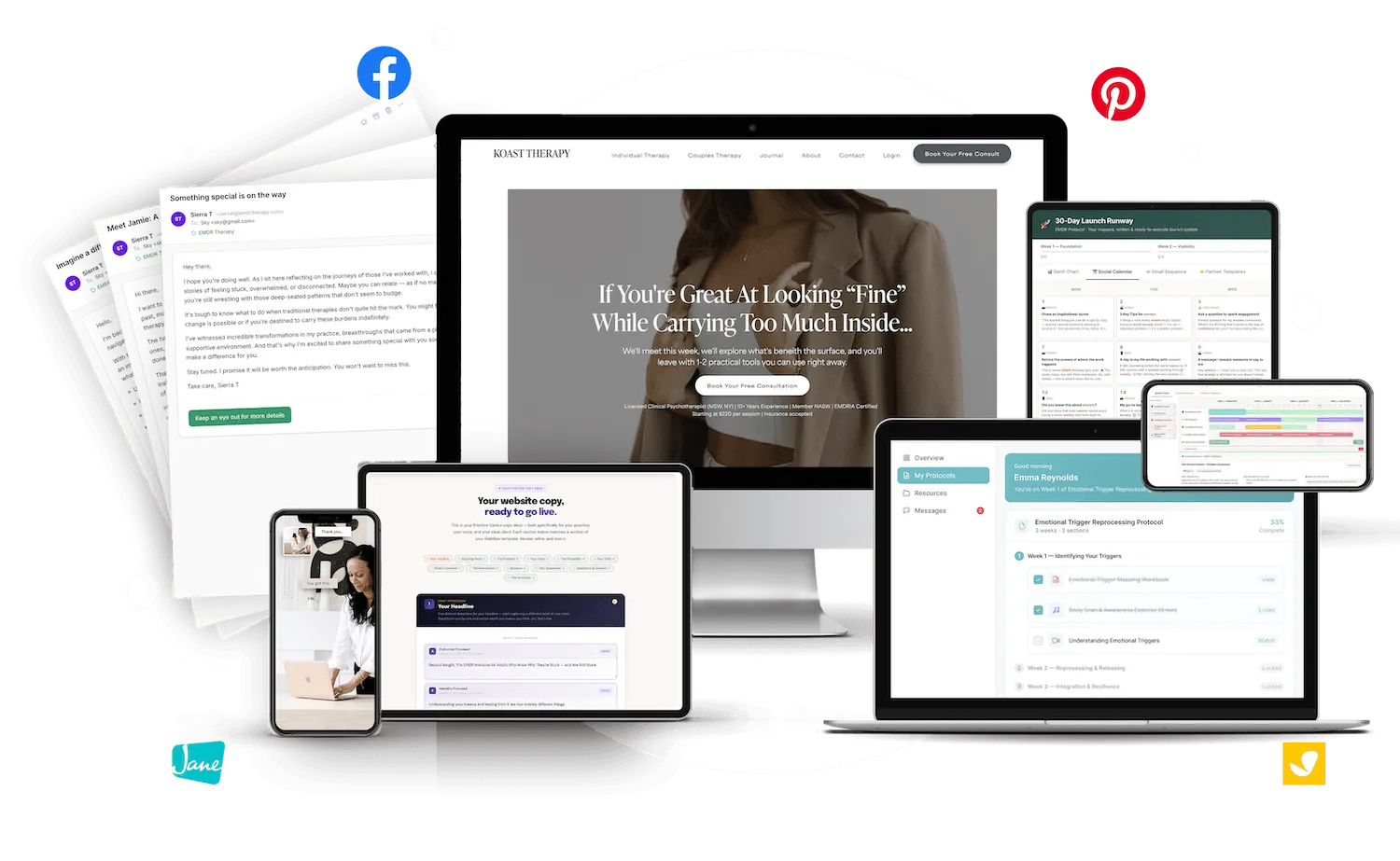 Collage of multiple digital devices showing therapy-related content, including a therapy website, an email about therapy, a protocol progress dashboard, and social media icons.