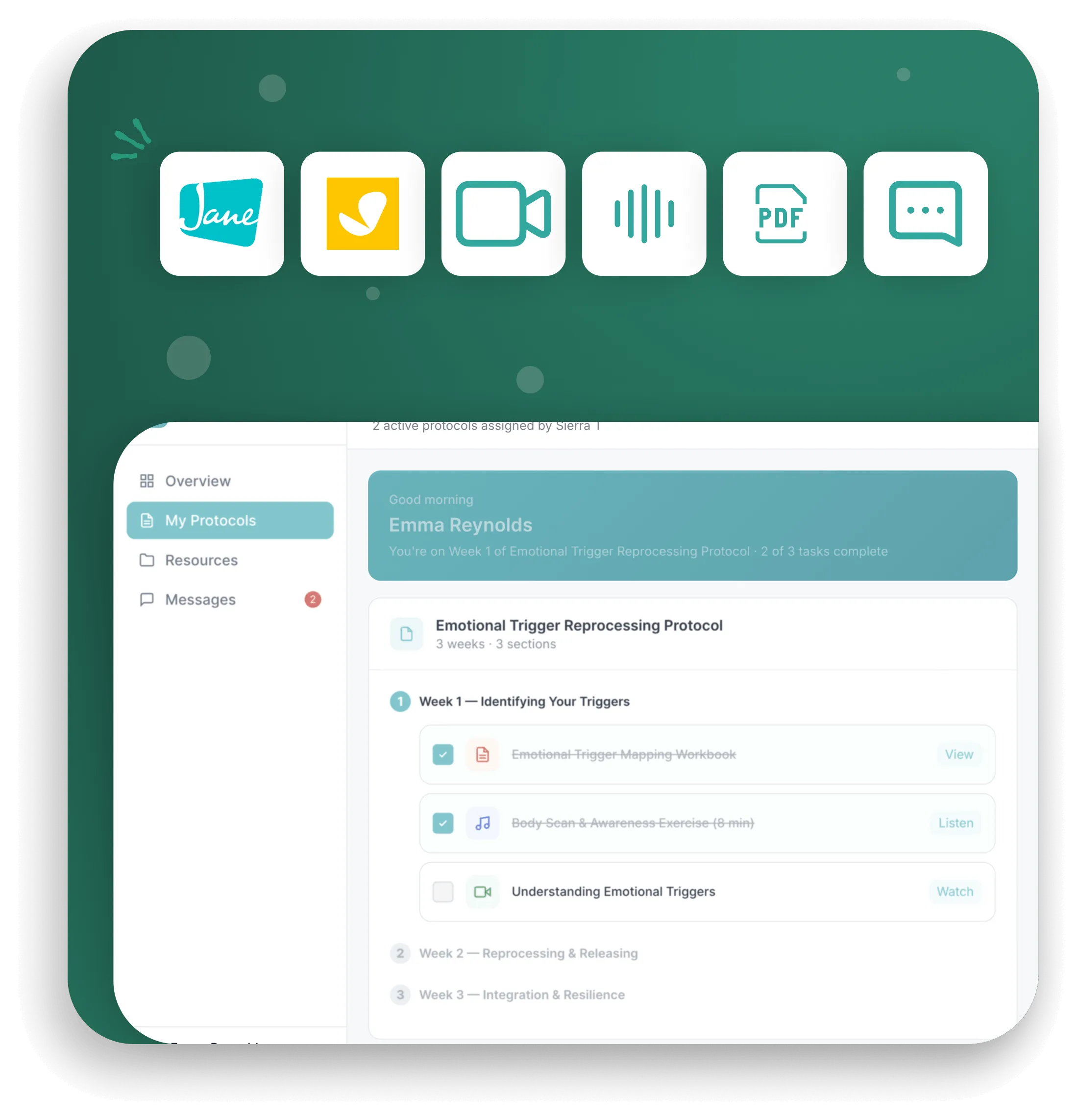 Dashboard interface showing user Emma Reynolds' Emotional Trigger Reprocessing Protocol with completed and pending tasks, and navigation icons at the top.