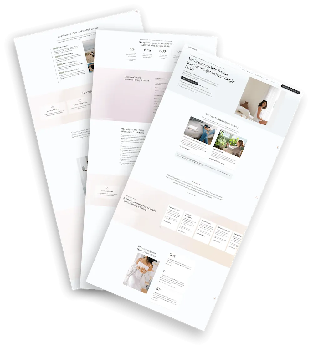 Three layered webpage screenshots showing therapy and nervous system recovery content with serene images of individuals and descriptive text blocks.