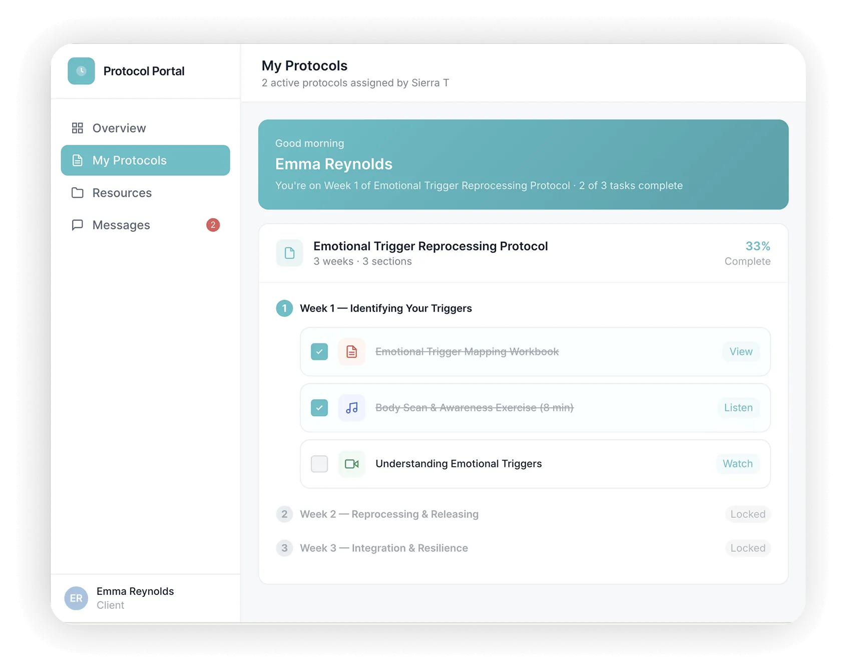 User interface of Protocol Portal showing My Protocols for Emma Reynolds, with progress on Emotional Trigger Reprocessing Protocol, Week 1 tasks partially completed.