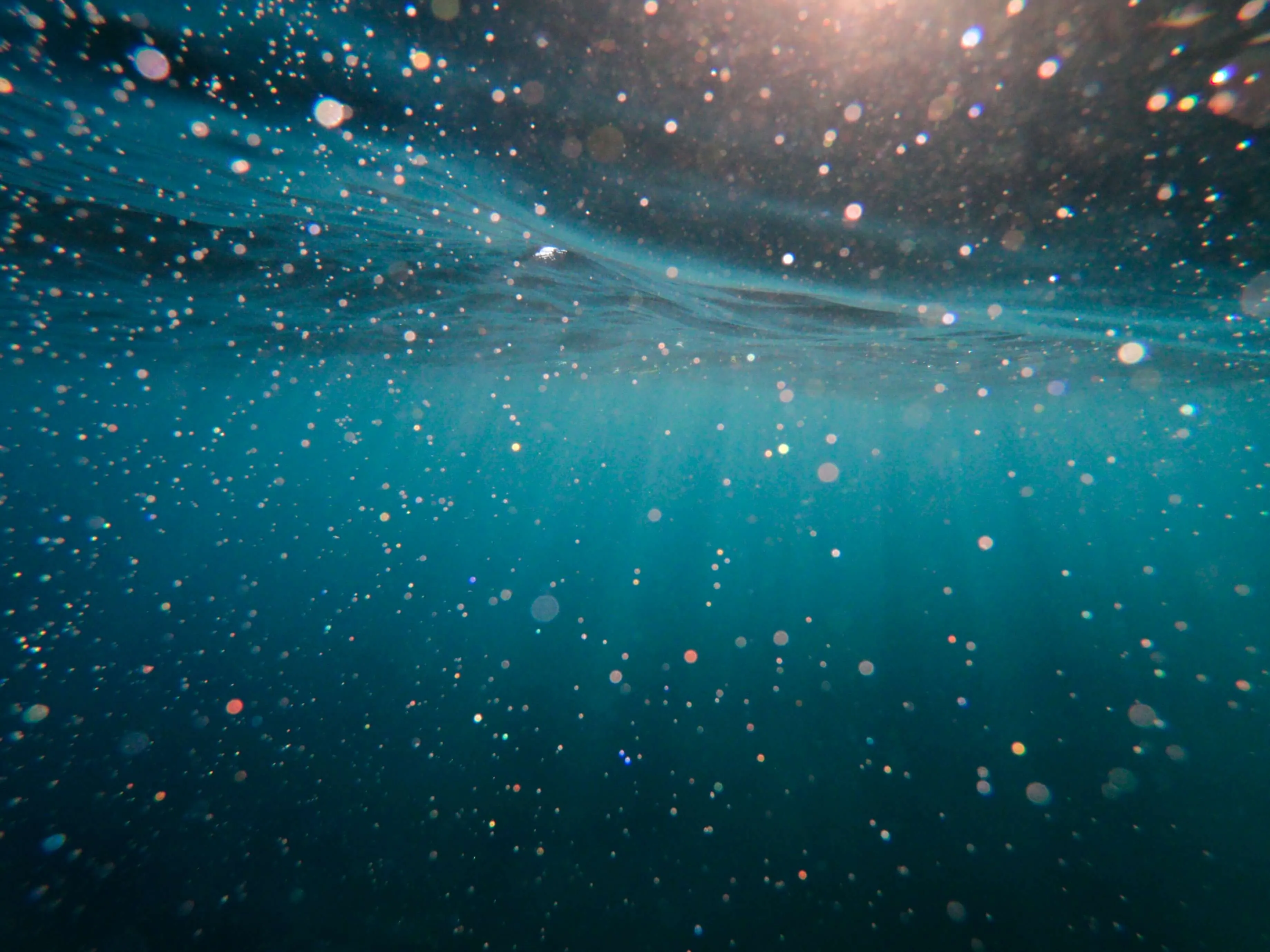 Underwater scene with scattered particles illuminated by light filtering from the water surface.