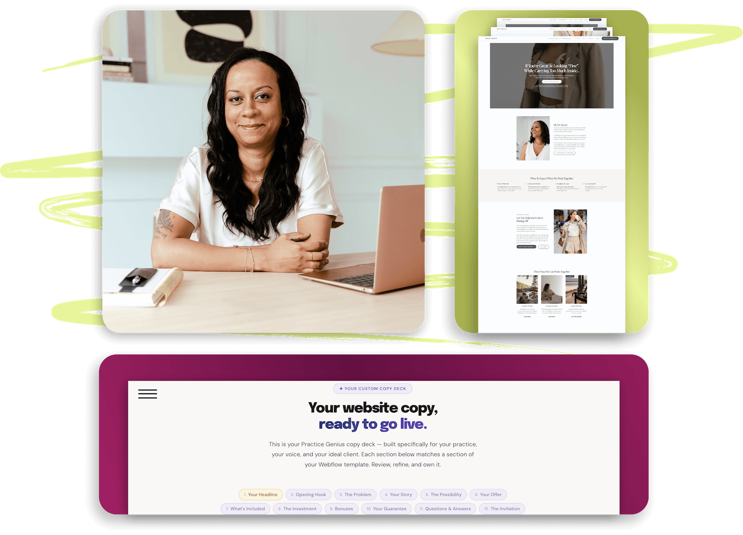 Smiling woman sitting at desk with a laptop and notebook, alongside a website mockup and Google business profile for Grounded Mind Therapy.
