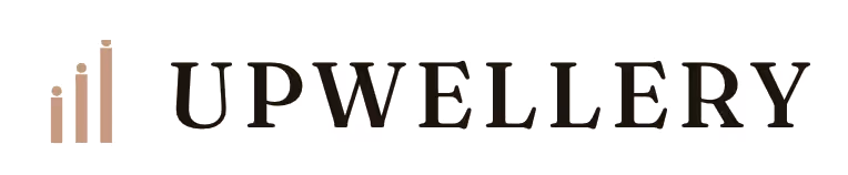 Upwellery wordmark logo with stylized gold bar chart icon to the left on a beige background.