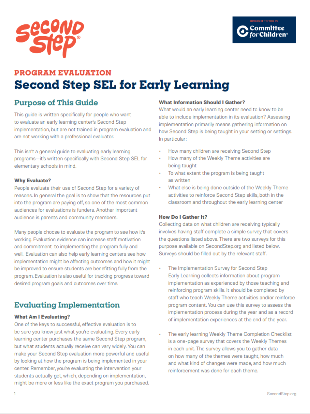Second Step® Early Learning Program Evaluation Guide
