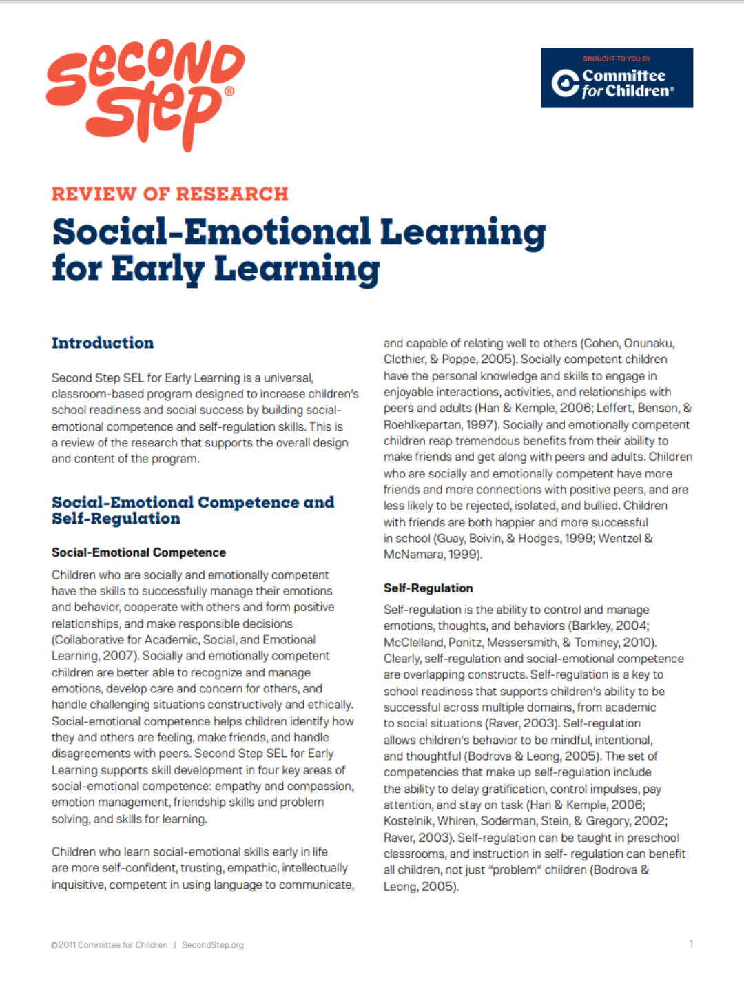 Second Step® Early Learning Review of Research