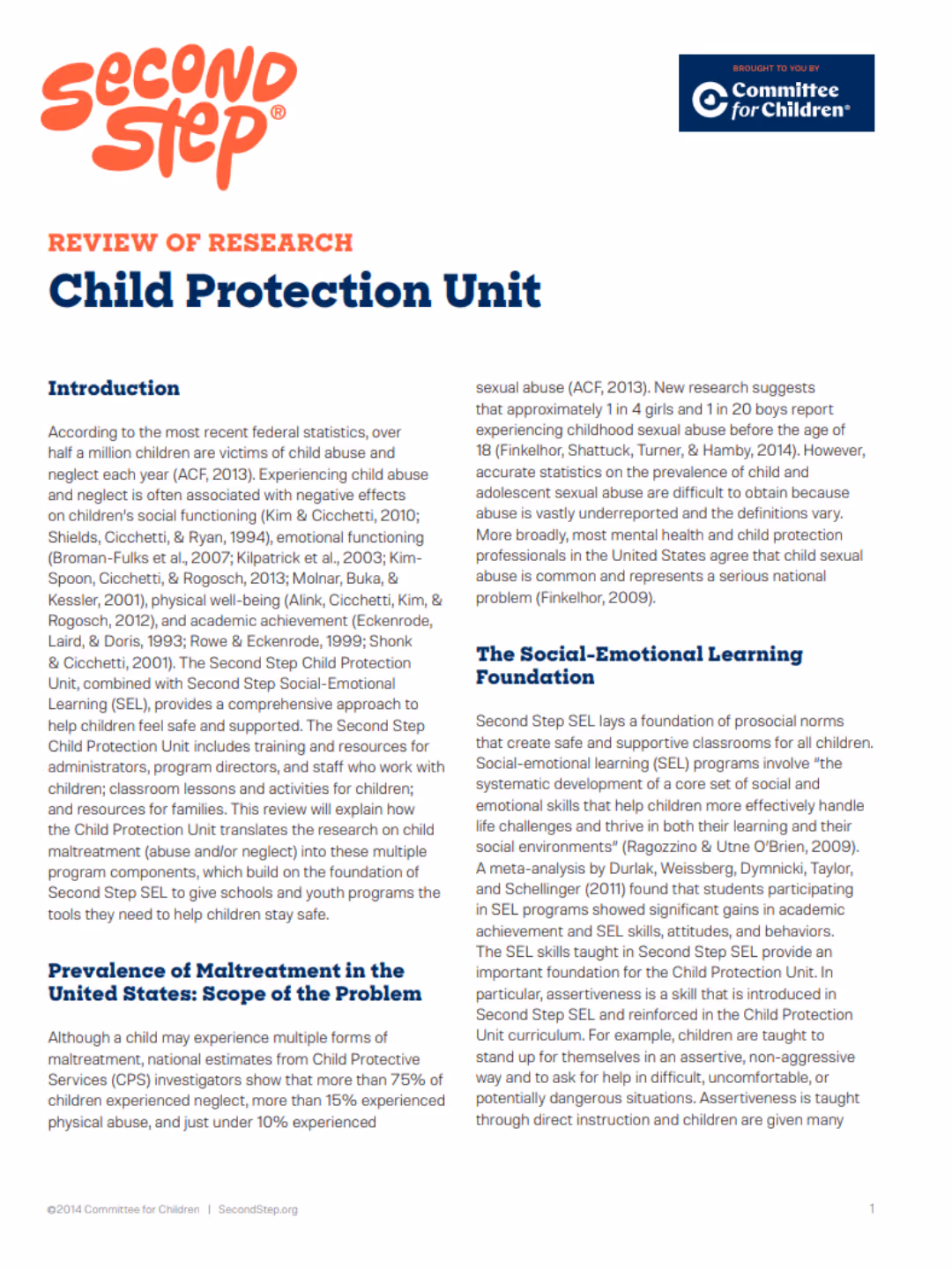 Second Step® Child Protection Unit Review of Research