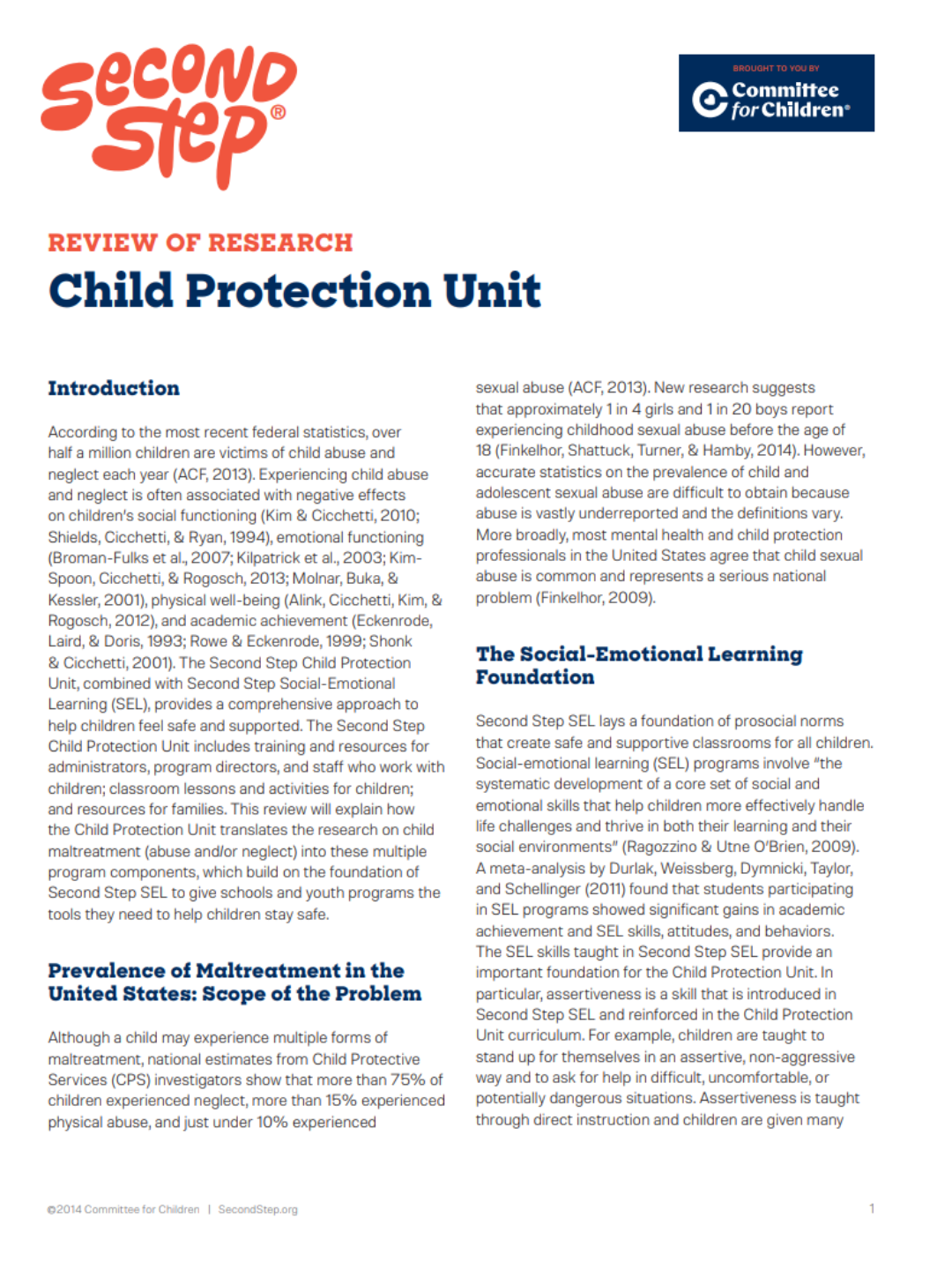 Second Step® Child Protection Unit Review of Research