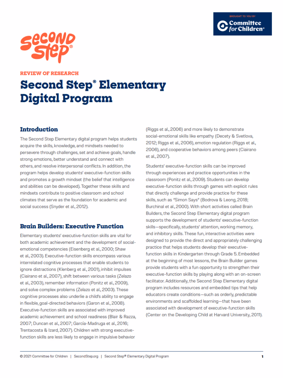 Second Step® Elementary Digital Program Review of Research