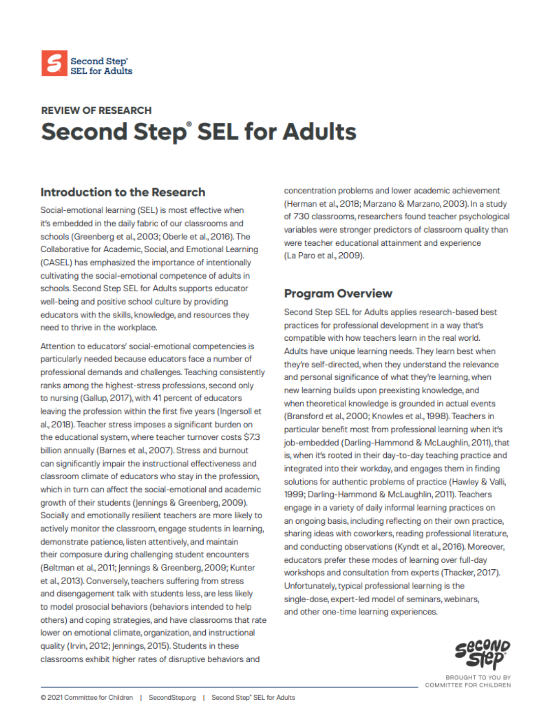 Second Step® SEL for Adults Review of Research