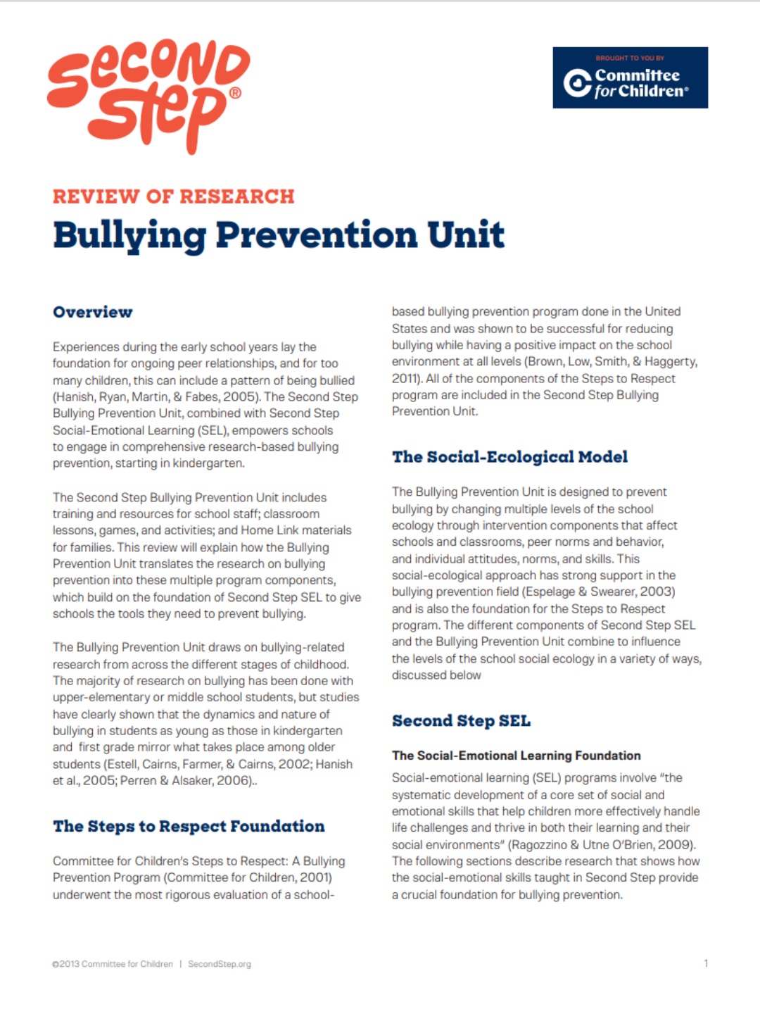 Second Step® Bullying Prevention Unit Review of Research