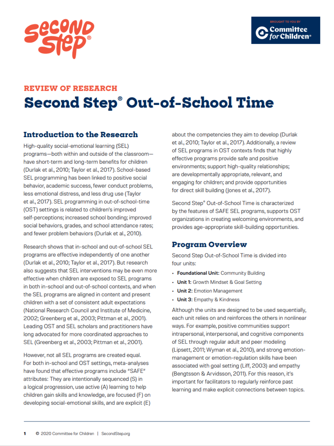 Second Step® Out-of-School Time Review of Research