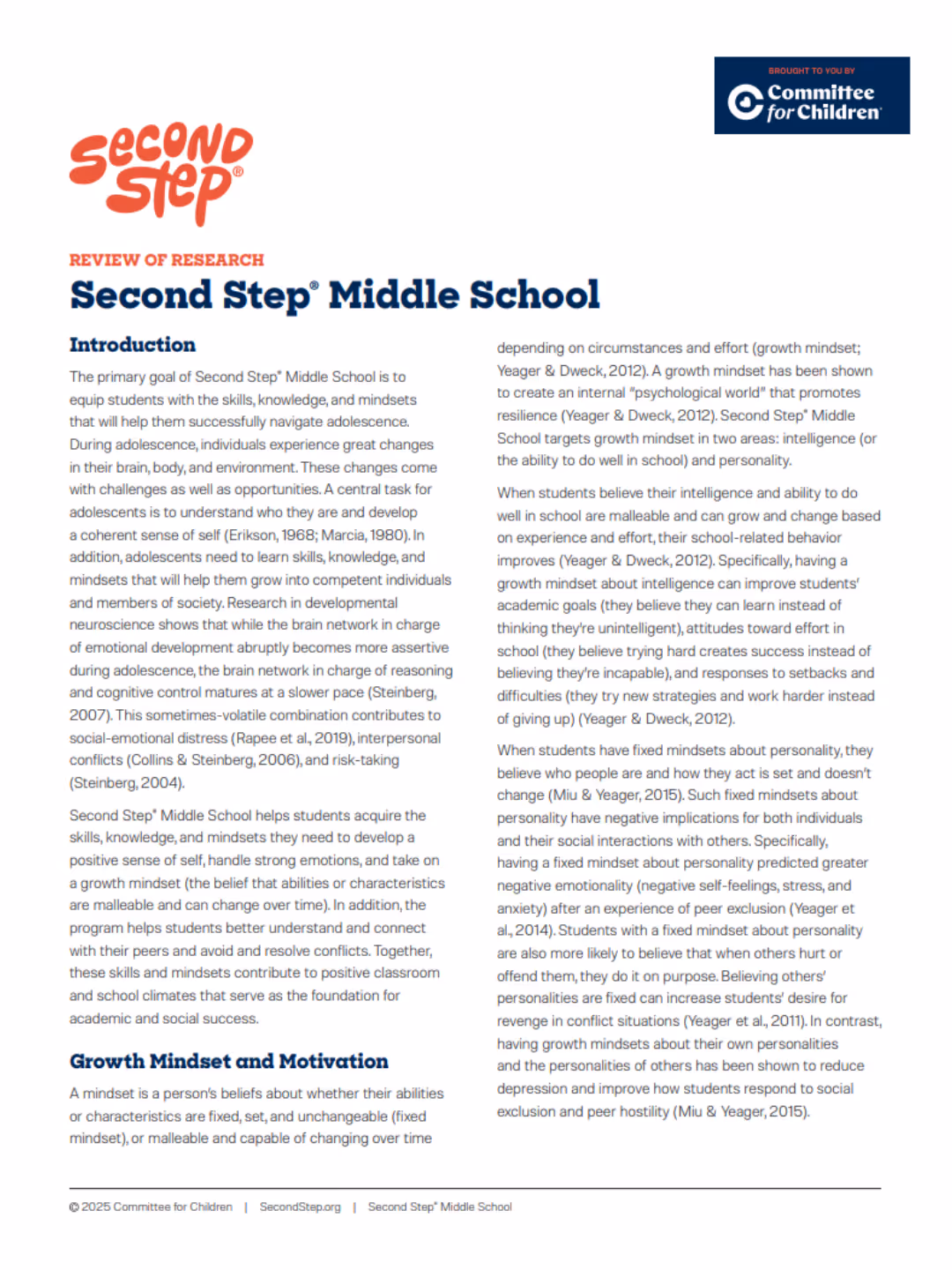 Second Step® Middle School Review of Research