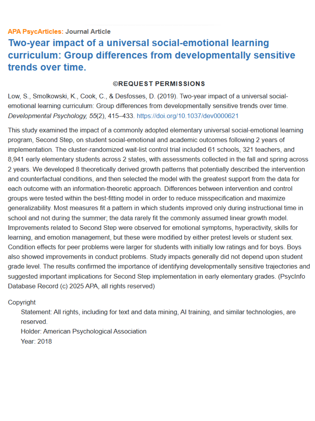 Two-Year Study Found Second Step® Elementary Increased Social and Emotional Skills and Decreased Disruptive Behaviors