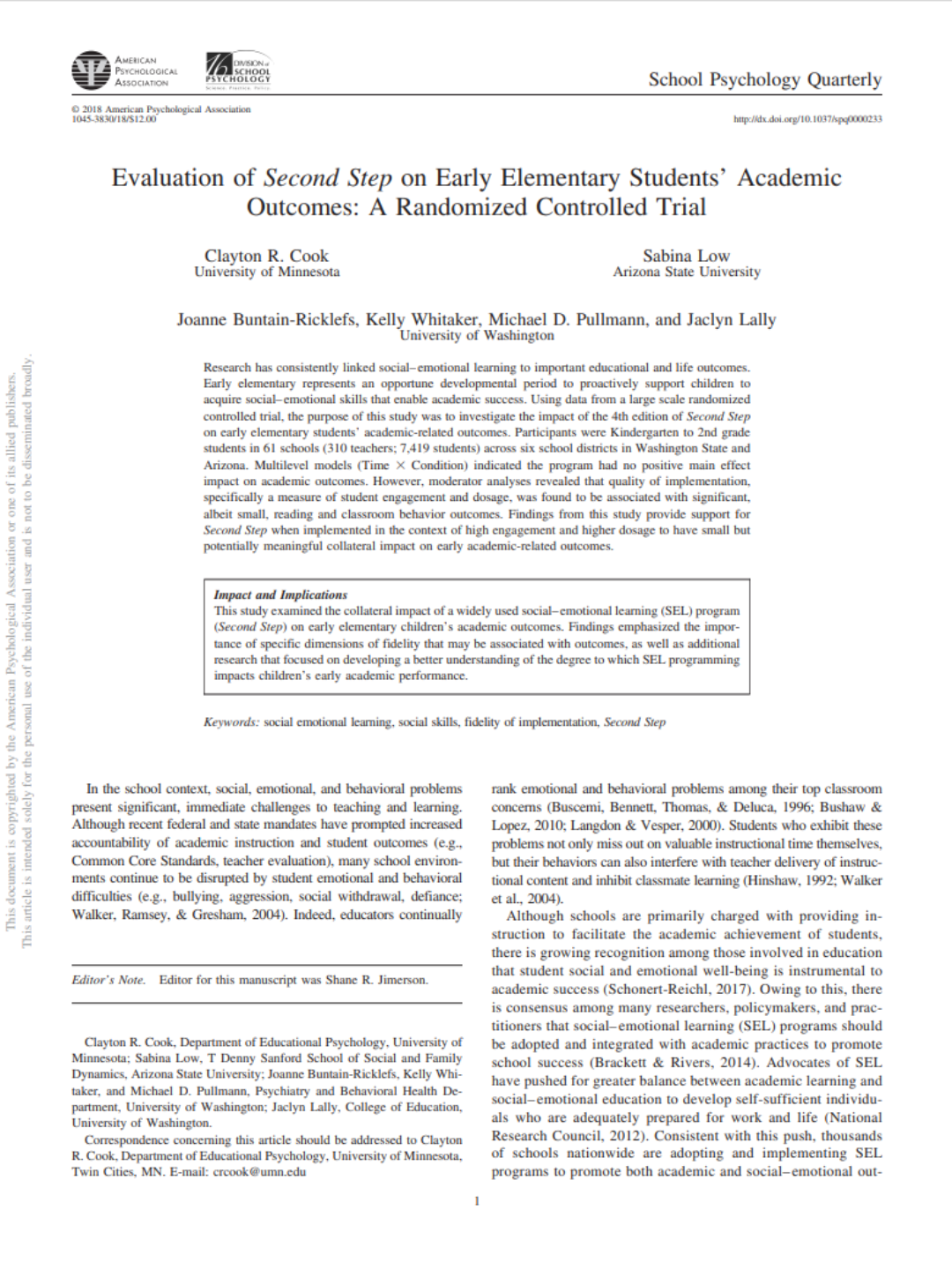 Second Step® Elementary Classroom Kits: Student Engagement and Number of Lessons Received Improved Behavioral Outcomes
