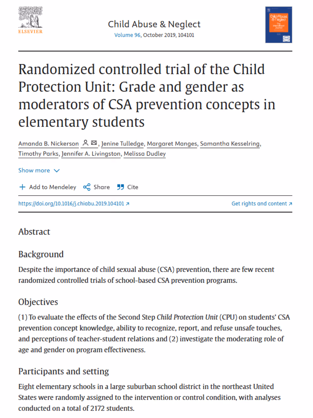 PreK to Grade 4 Students Participating in the Second Step® Child Protection Unit Show Increased Knowledge of Personal Safety and Protection Concepts