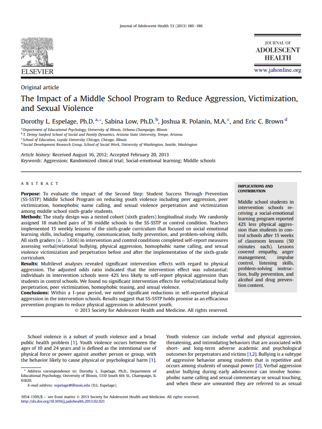 Physical Aggression 42 Percent Less Likely