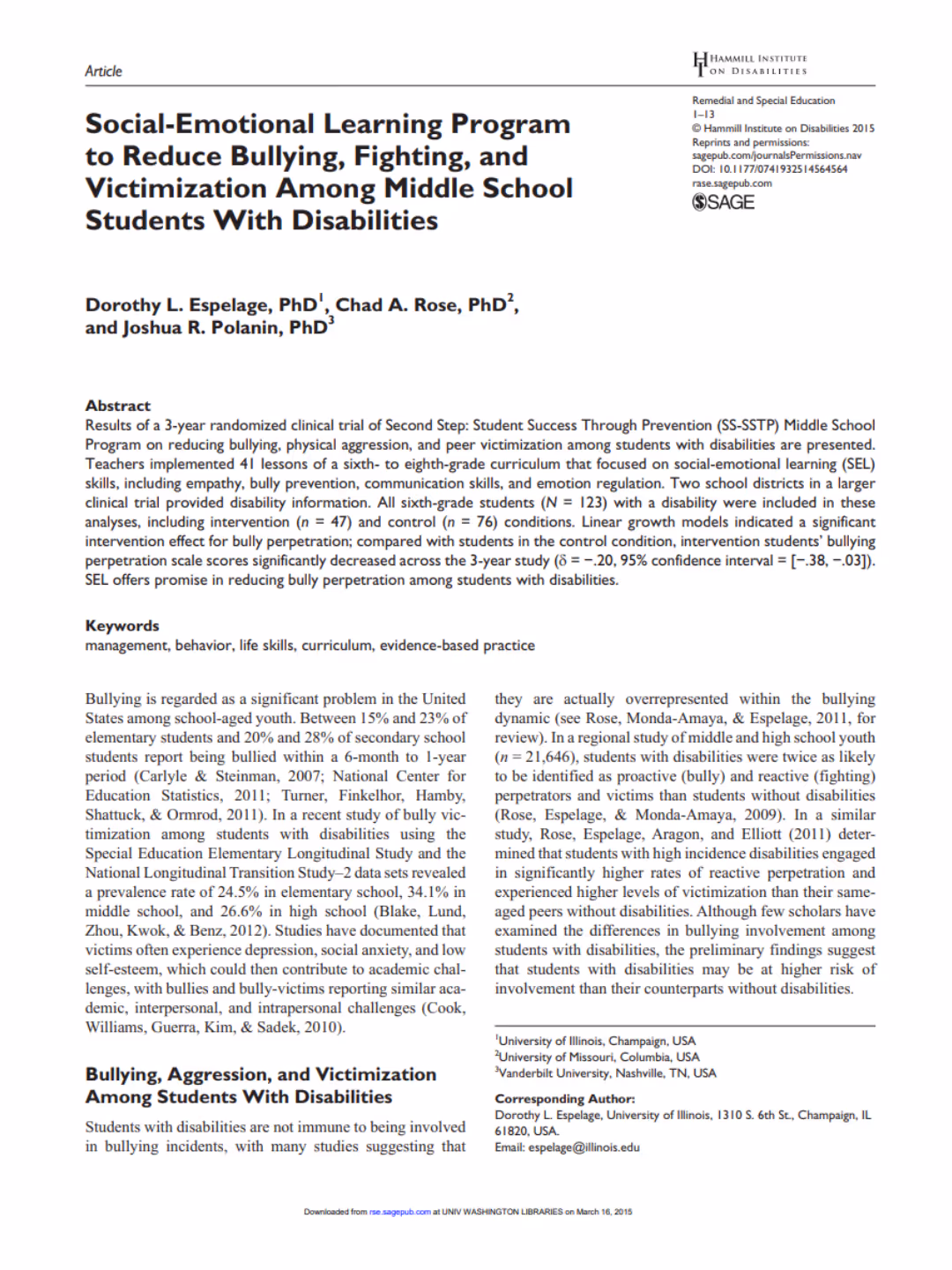Twenty Percent Reduction in Bullying by Students with Disabilities