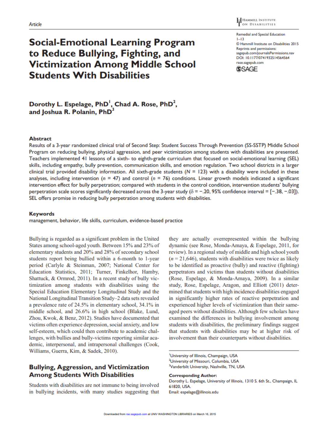 Twenty Percent Reduction in Bullying by Students with Disabilities