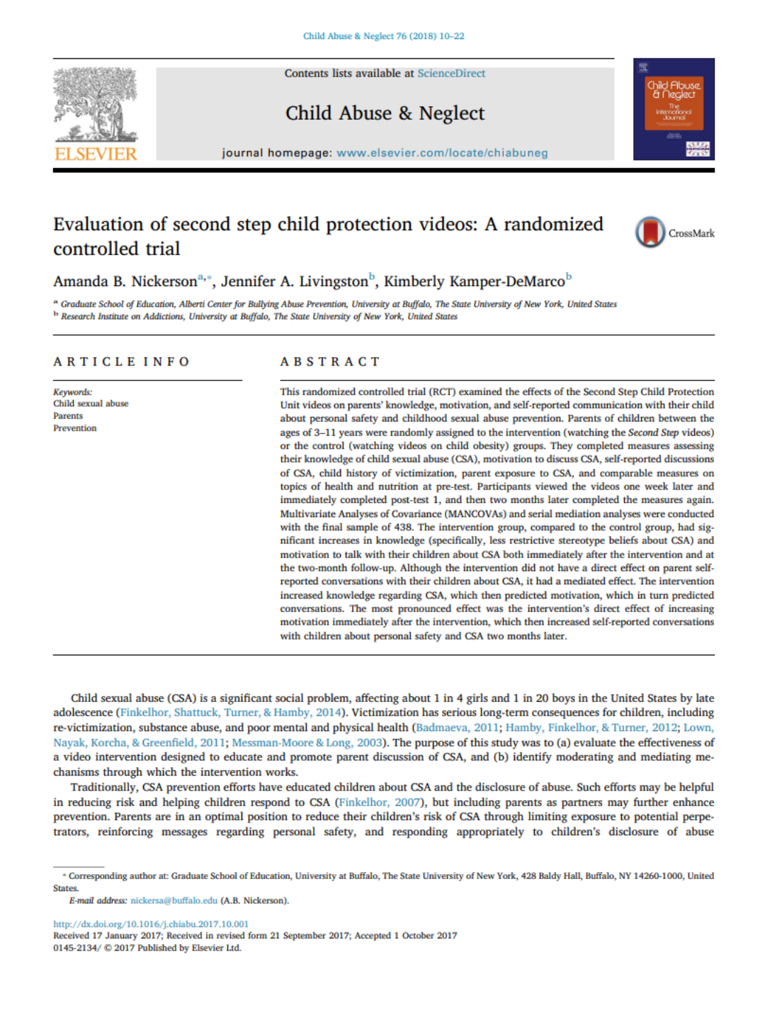 Increased Parent Knowledge About and Motivation to Discuss Child Sexual Abuse Prevention with Their Children After Viewing the Second Step® Child Protection Unit Family Materials