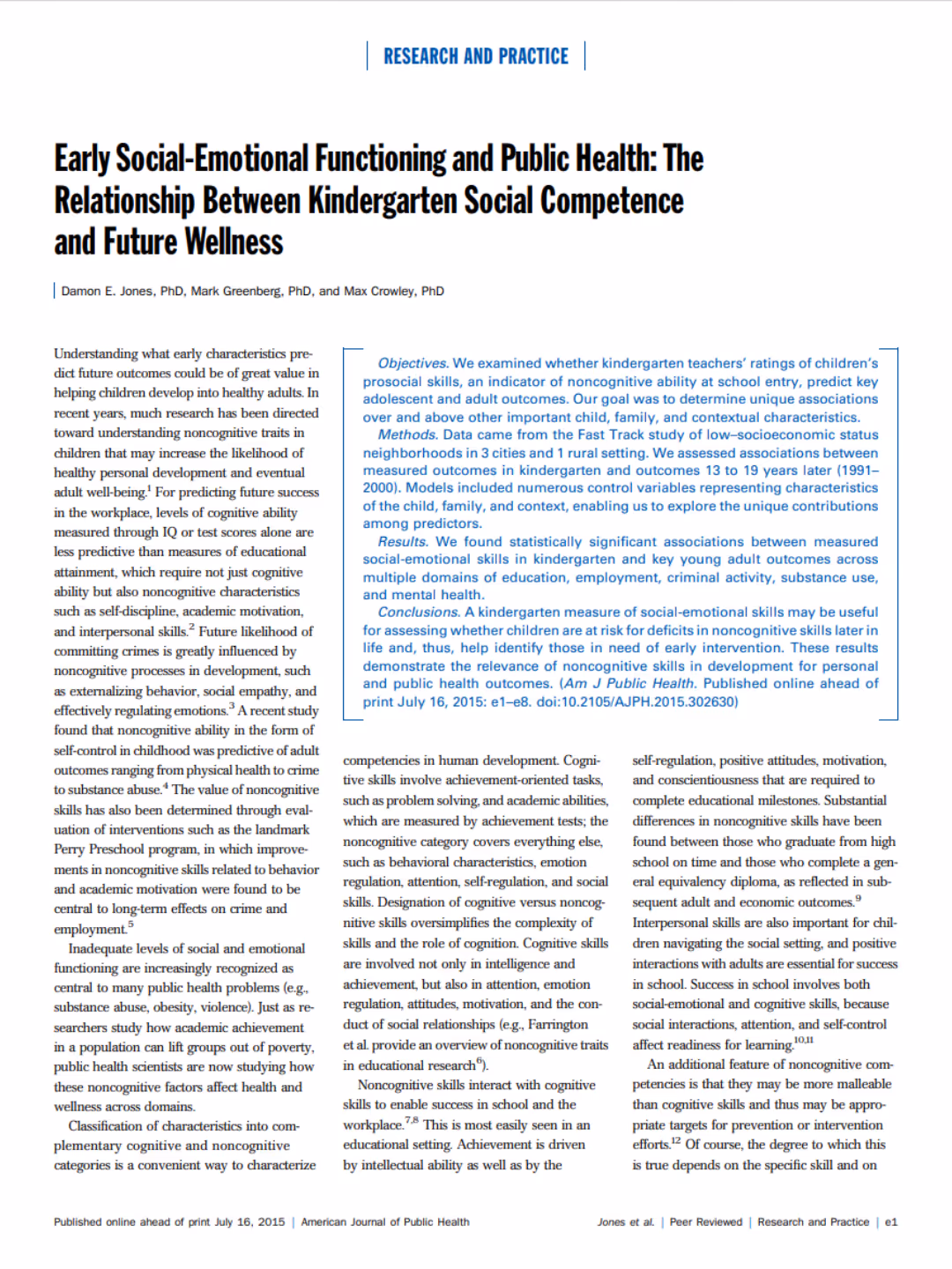 Social Competence in Kindergarten a Predictor of Future Outcomes
