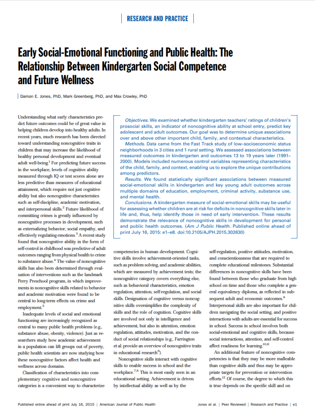Social Competence in Kindergarten a Predictor of Future Outcomes