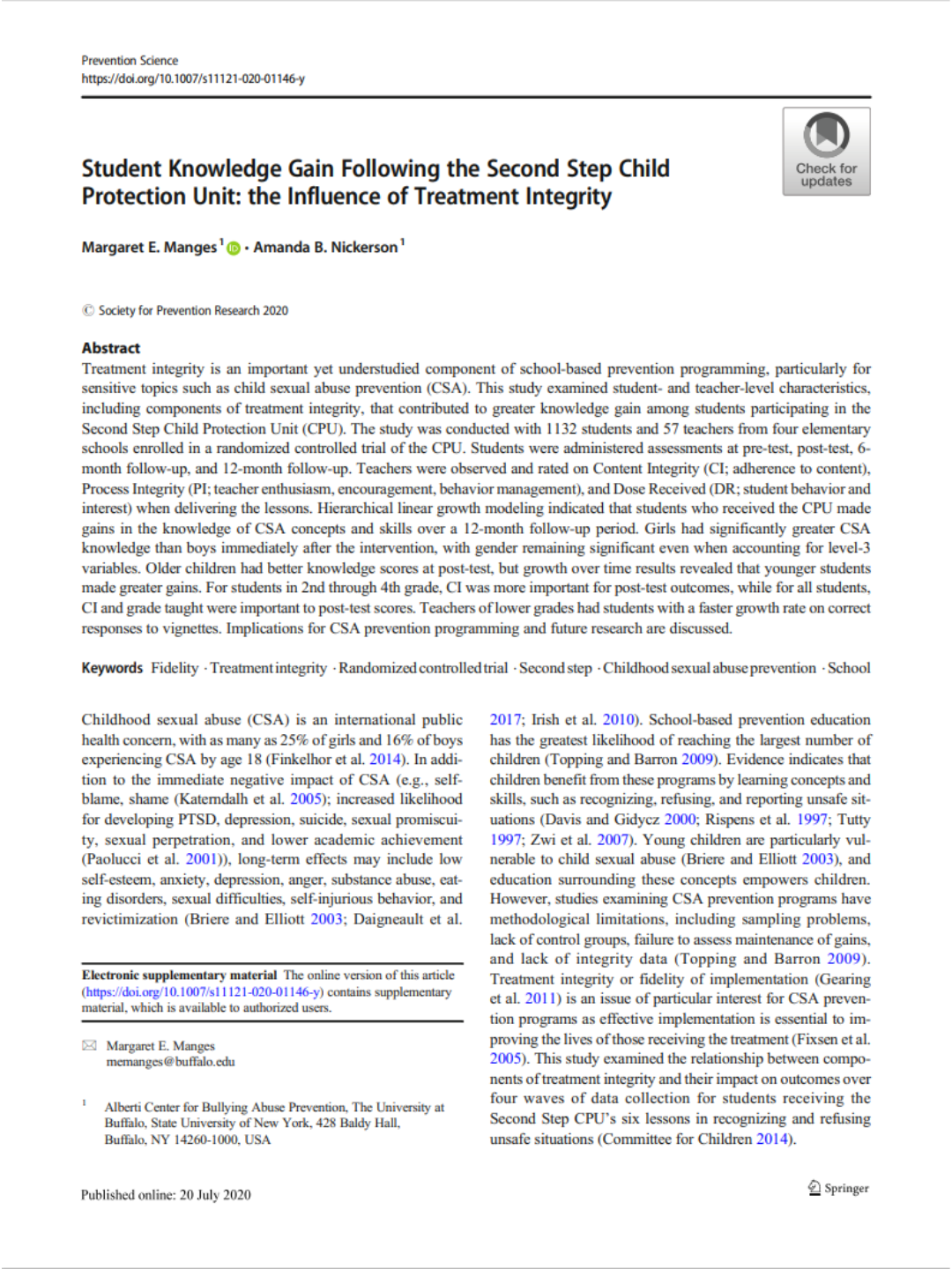 Higher Adherence to Second Step® Implementation Increased Student Knowledge of Child Sexual Abuse Prevention Concepts