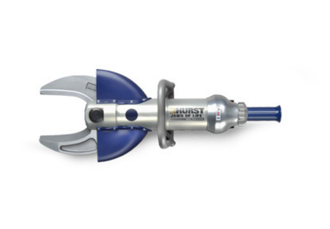 Hurst Jaws of Life hydraulic rescue tool with silver body and blue blades.
