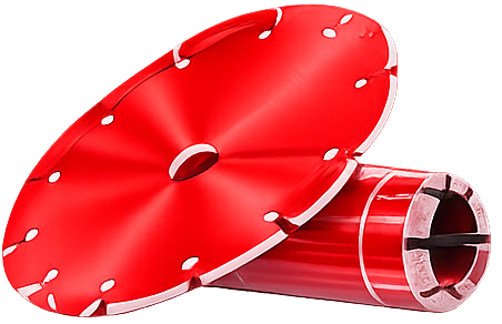 Close-up of a shiny red segmented circular tool with a cylindrical base, likely a diamond saw blade.
