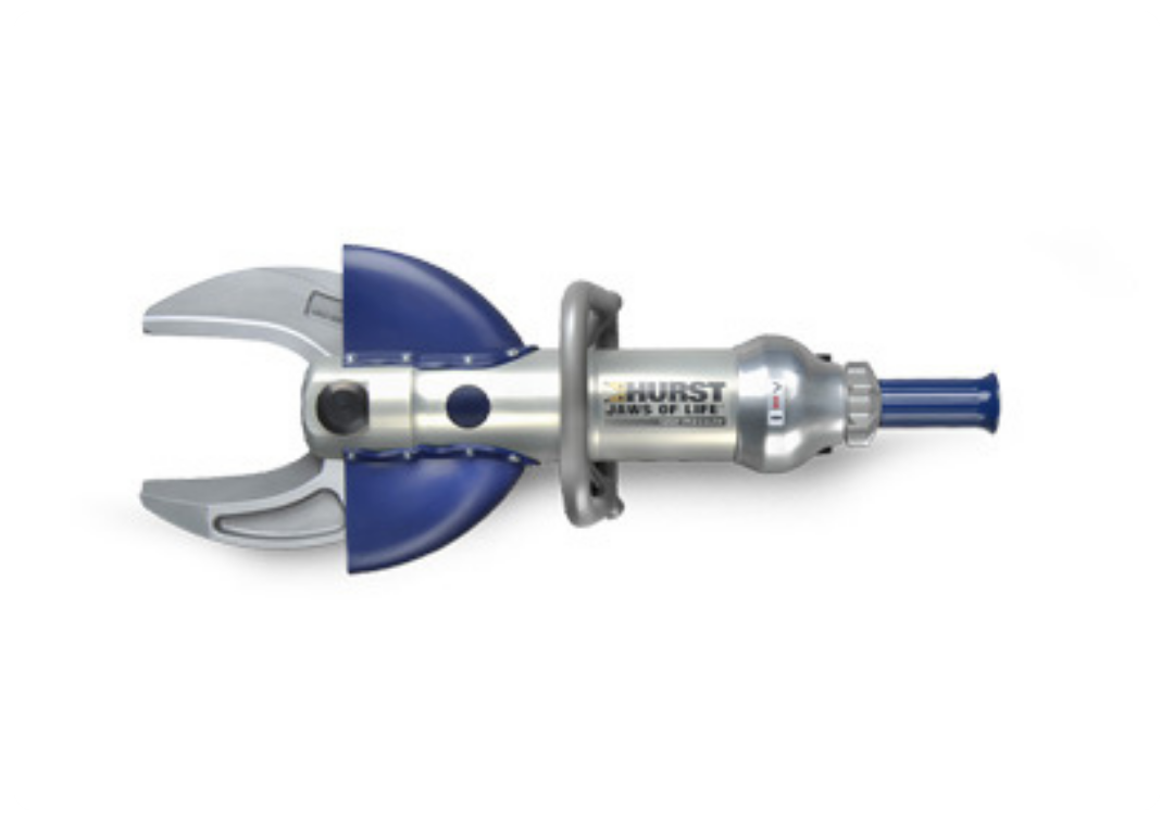Silver and blue hydraulic rescue tool known as Hurst Jaws of Life used for vehicle extrication.