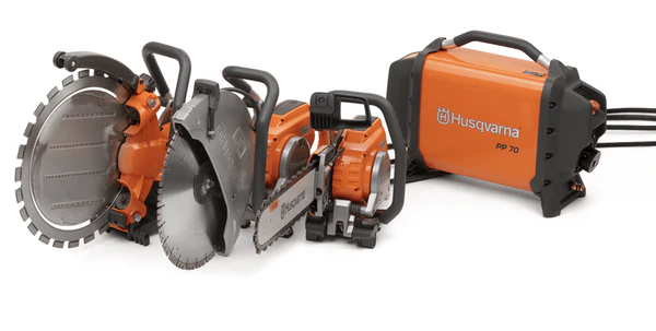 Three Husqvarna hydro saw cutting tools and an orange Husqvarna PP 70 power unit on a white background.