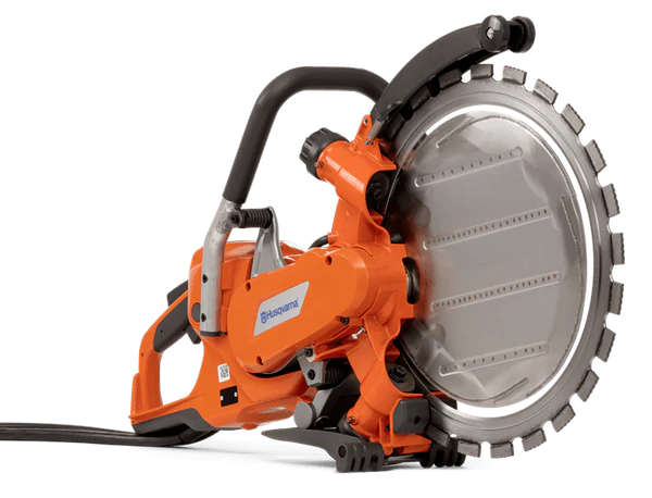 Orange Husqvarna power cutter with a large circular blade.