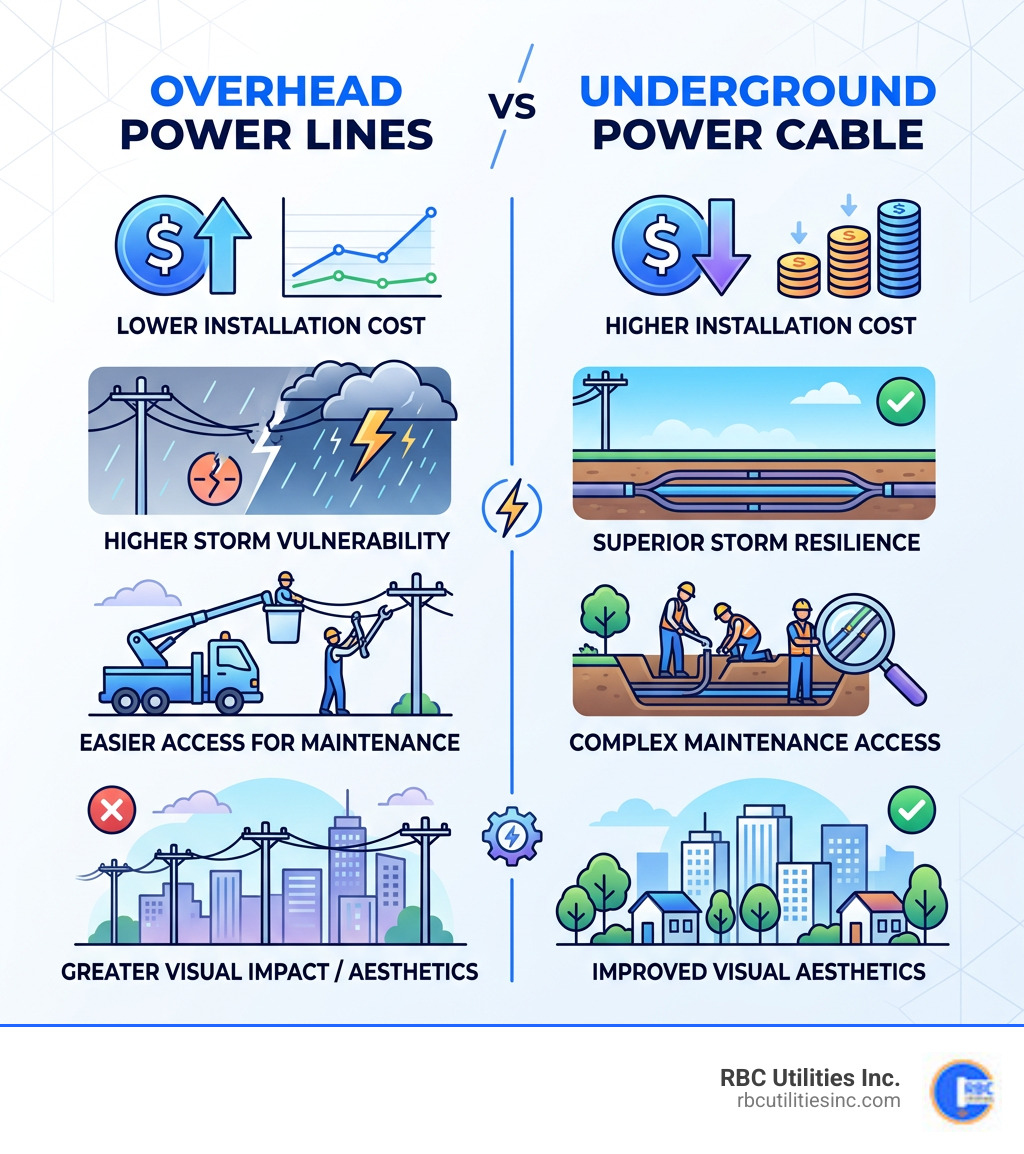 Infographic comparing overhead power lines vs. underground power cable installation: cost, storm resilience, maintenance