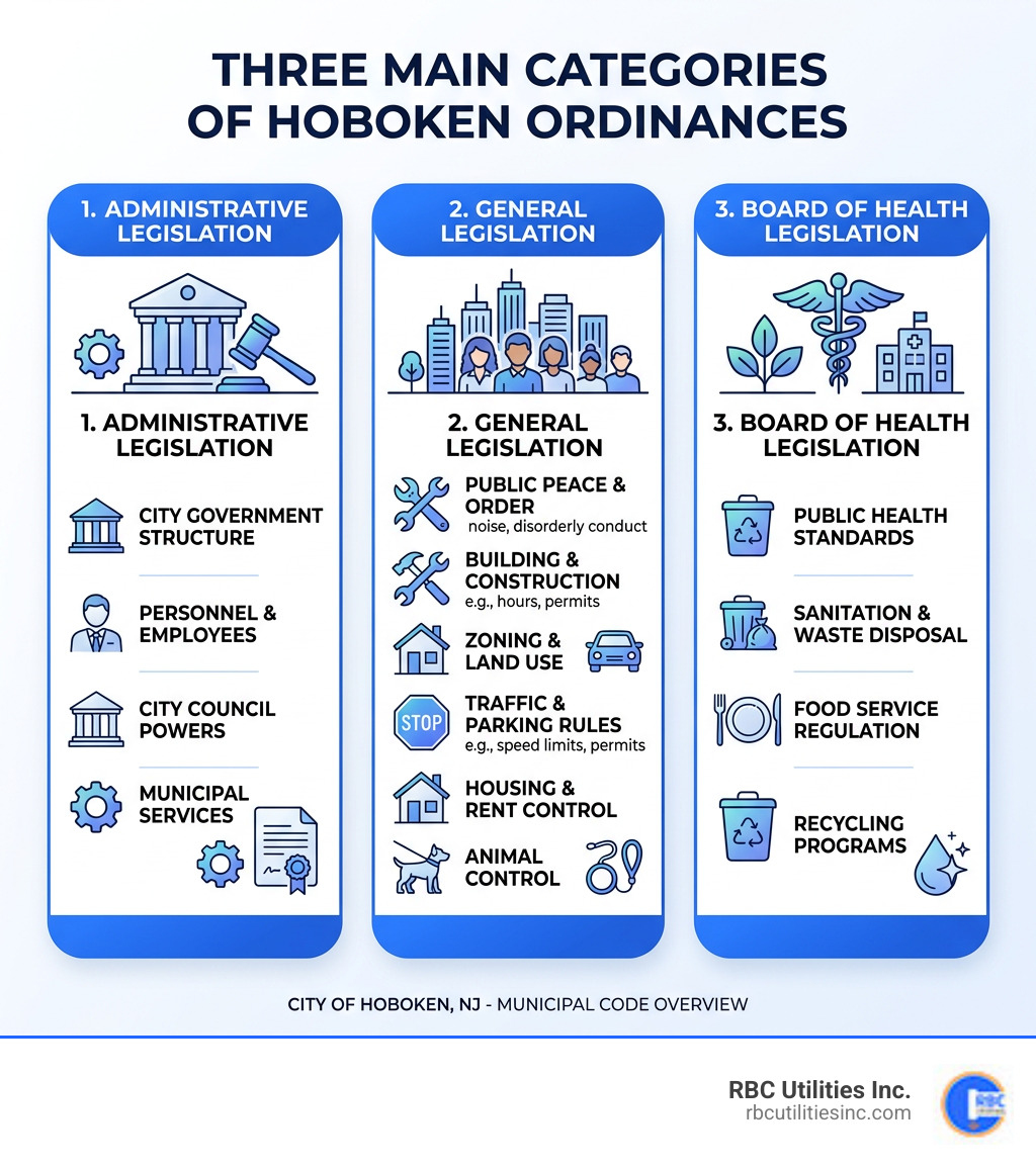 Three main categories of municipal ordinances: Administrative, General, and Board of Health legislation with key topics Three main categories of municipal ordinances: Administrative, General, and Board of Health legislation with key topics