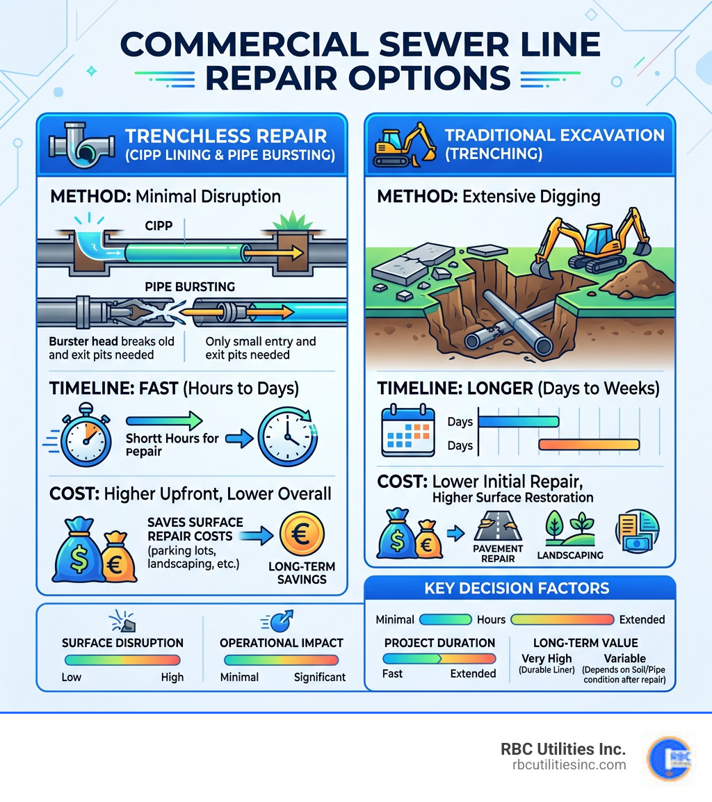 Commercial sewer line repair options overview infographic with methods, timelines, and costs - commercial sewer line repair Commercial sewer line repair options overview infographic with methods, timelines, and costs - commercial sewer line repair