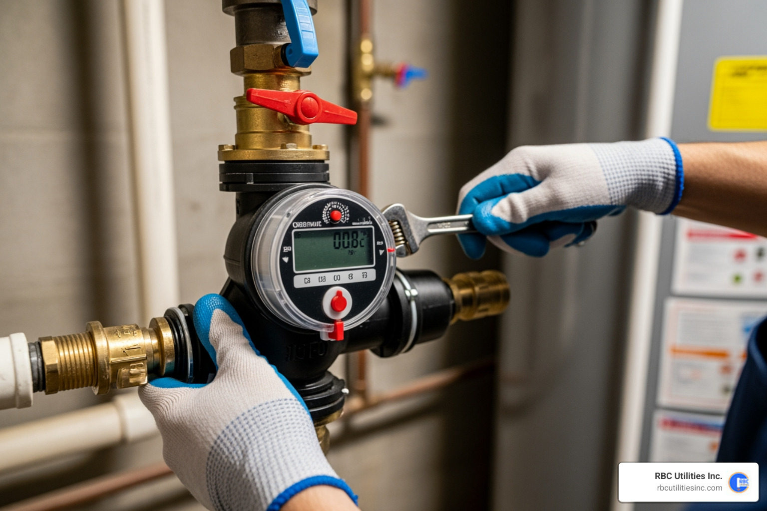 Technician installing a modern water meter in a residential setting - water meter installation services Technician installing a modern water meter in a residential setting - water meter installation services