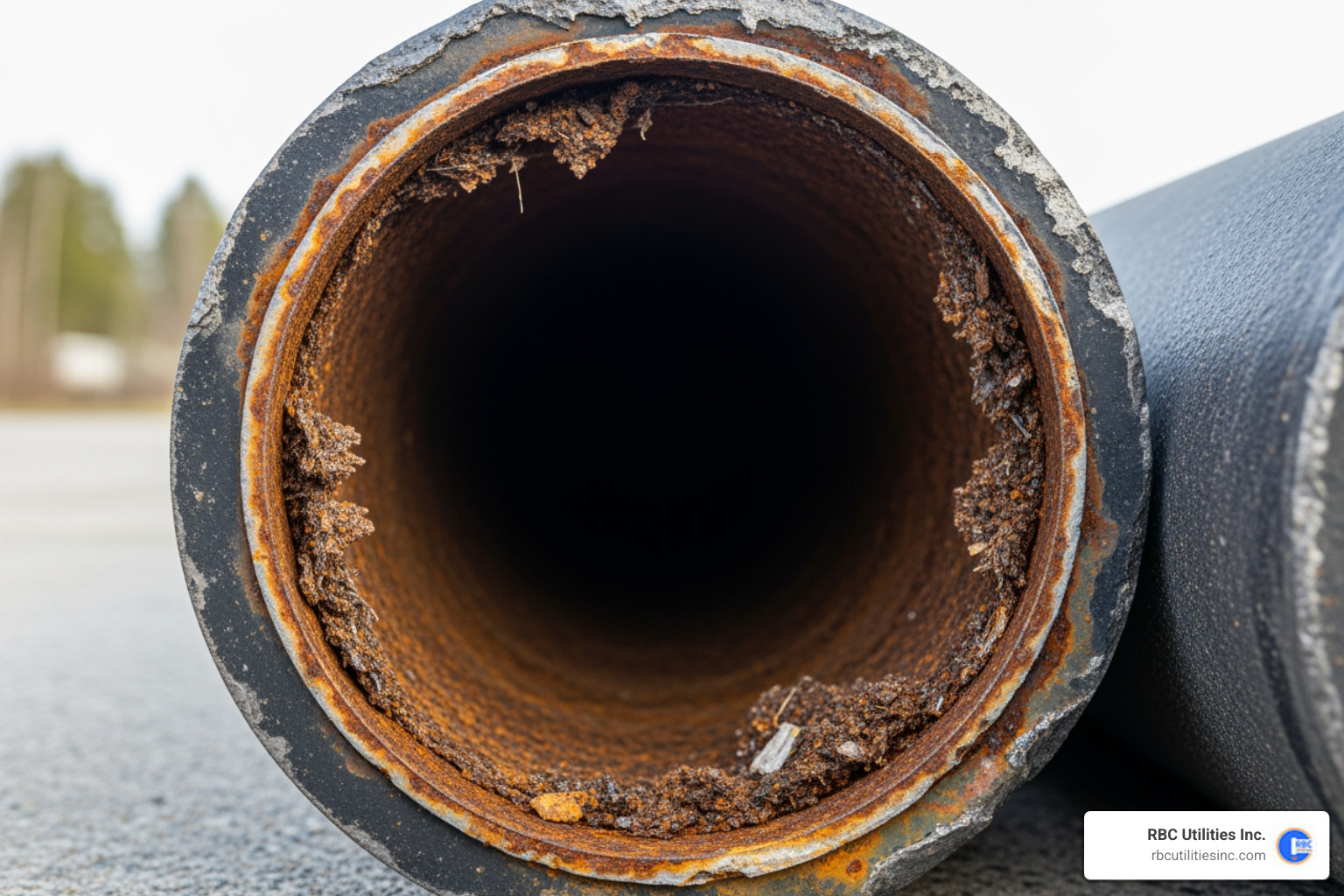 Corroded and scaled cast iron sewer pipe showing significant internal blockage - sewer main line installation Corroded and scaled cast iron sewer pipe showing significant internal blockage - sewer main line installation
