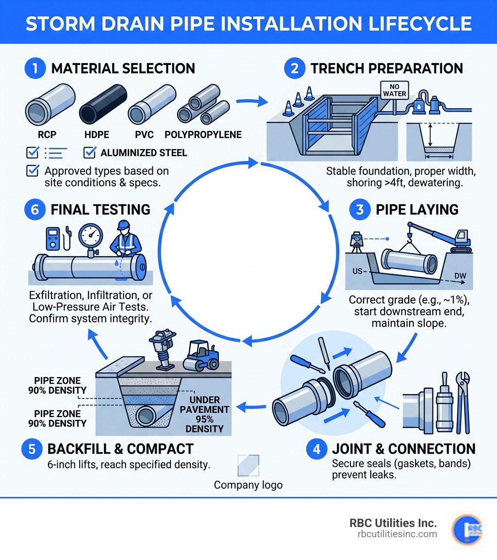 Storm drain pipe installation process lifecycle infographic showing steps from material selection to final testing - storm Storm drain pipe installation process lifecycle infographic showing steps from material selection to final testing - storm