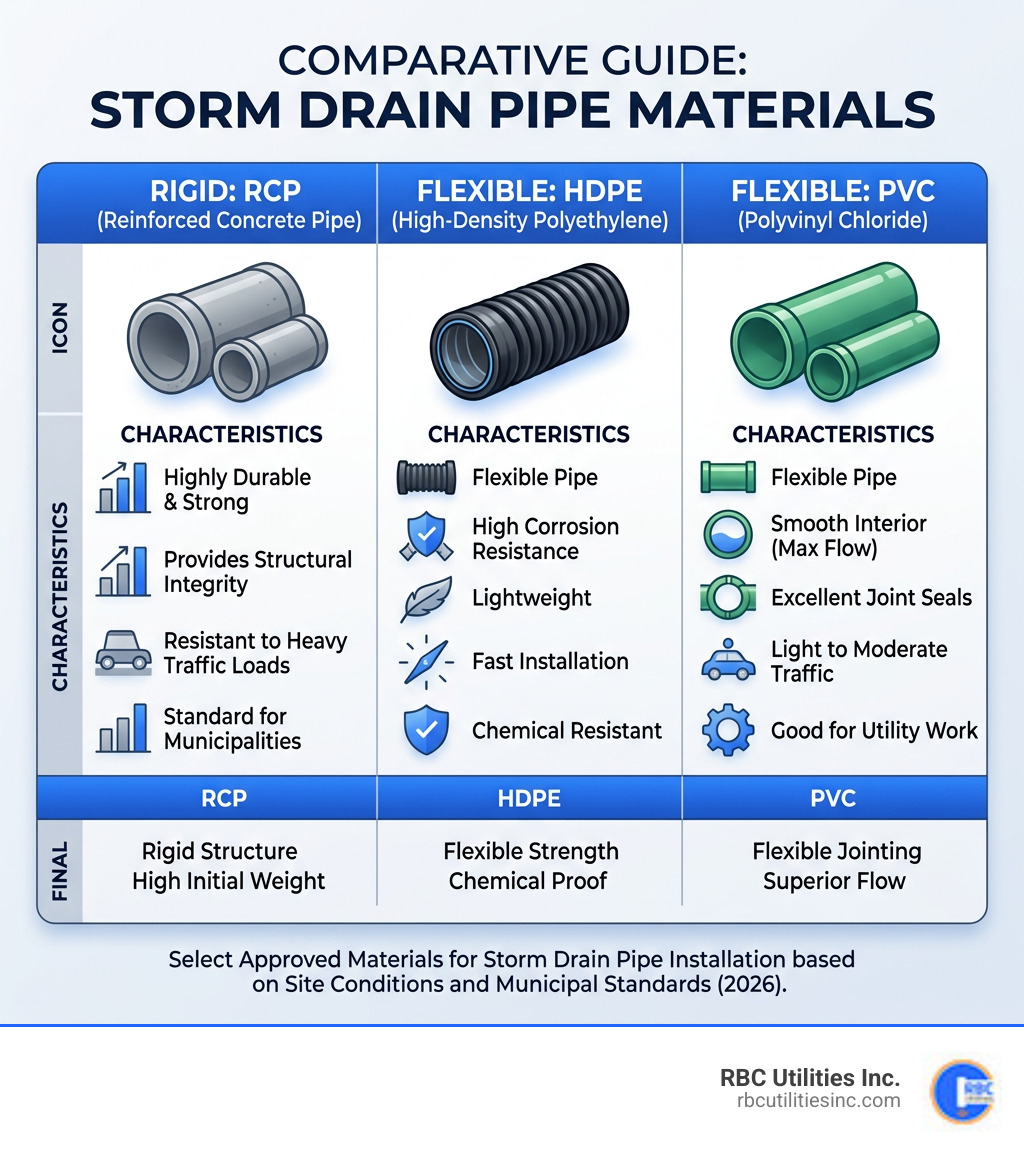 Table comparing rigid RCP vs flexible HDPE and PVC pipe materials for storm drains - storm drain pipe installation Table comparing rigid RCP vs flexible HDPE and PVC pipe materials for storm drains - storm drain pipe installation