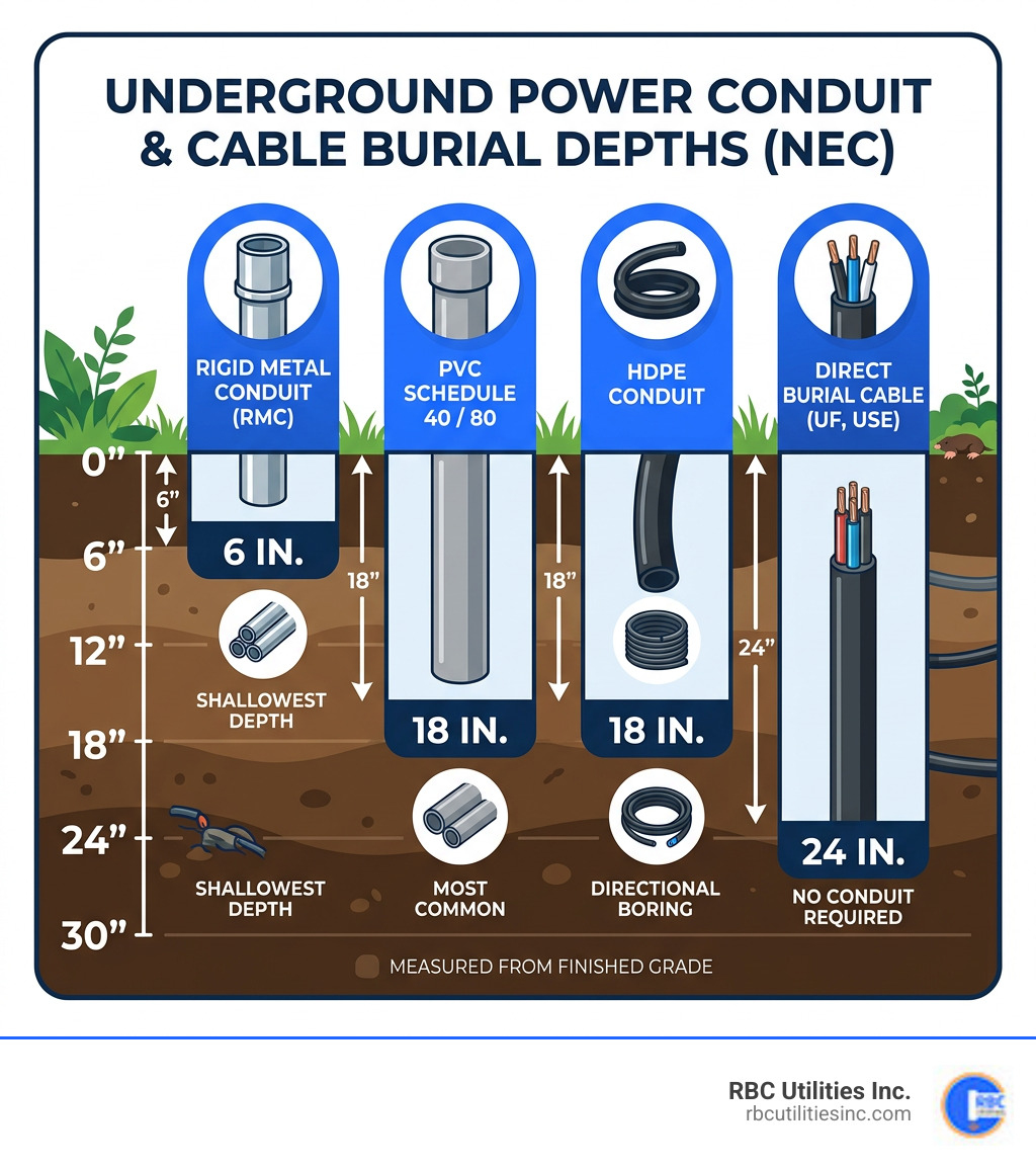 NEC burial depth requirements for PVC, RMC, HDPE, and direct burial cable infographic - conduit for underground power NEC burial depth requirements for PVC, RMC, HDPE, and direct burial cable infographic - conduit for underground power