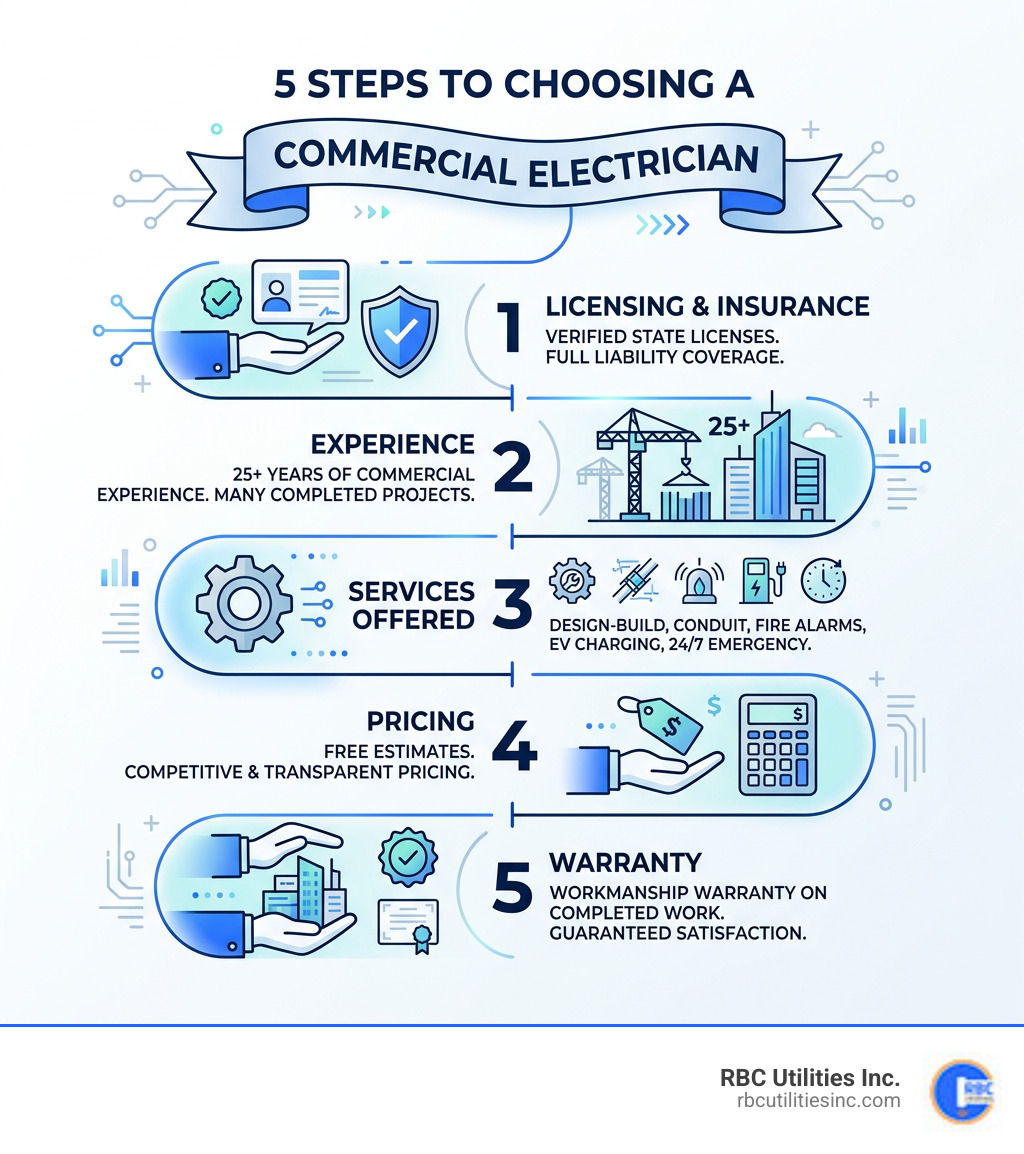5 steps to choosing a commercial electrician: licensing, experience, services, pricing, and warranty - commercial electric 5 steps to choosing a commercial electrician: licensing, experience, services, pricing, and warranty - commercial electric