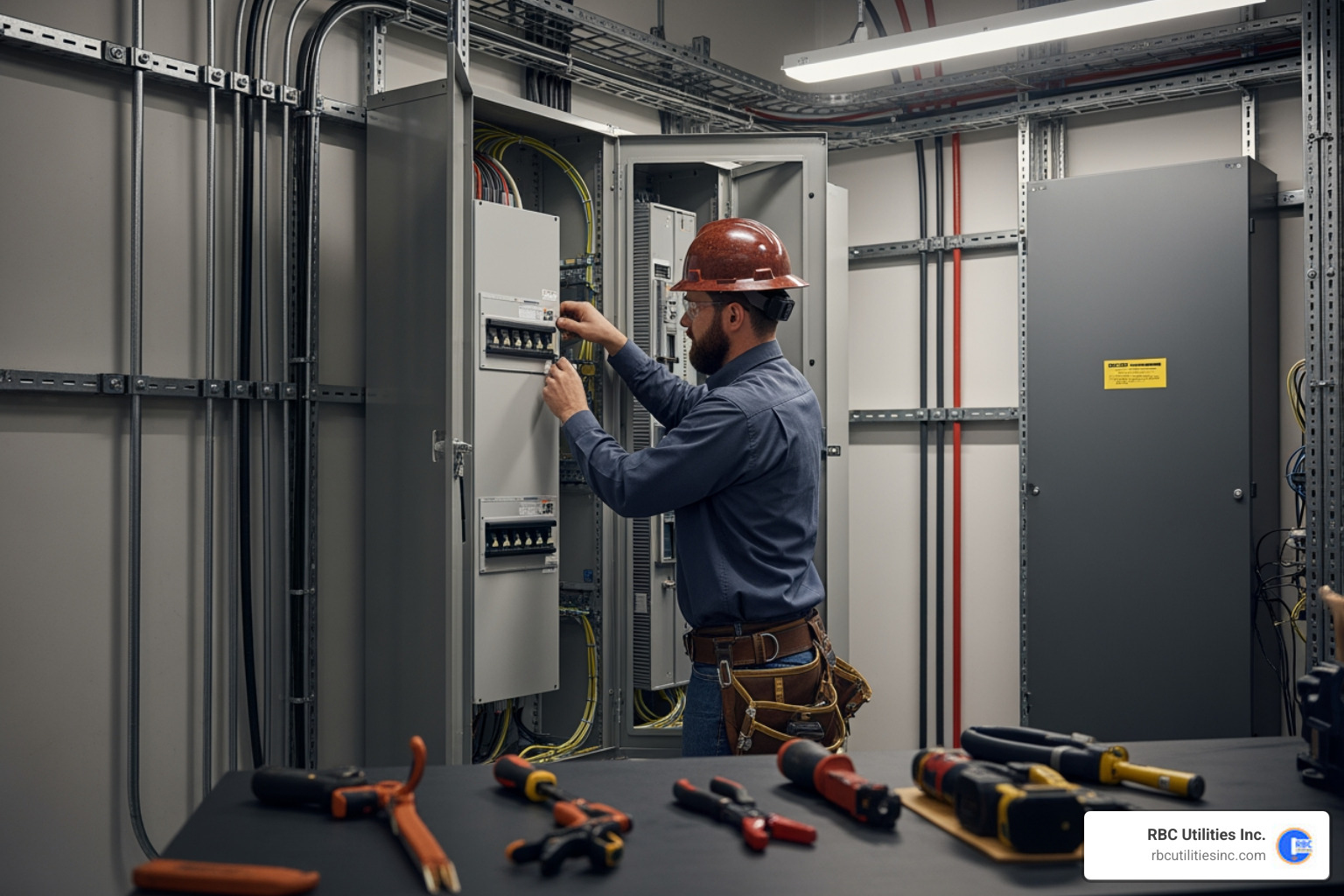 electrician installing a commercial breaker panel - commercial electric companies near me electrician installing a commercial breaker panel - commercial electric companies near me