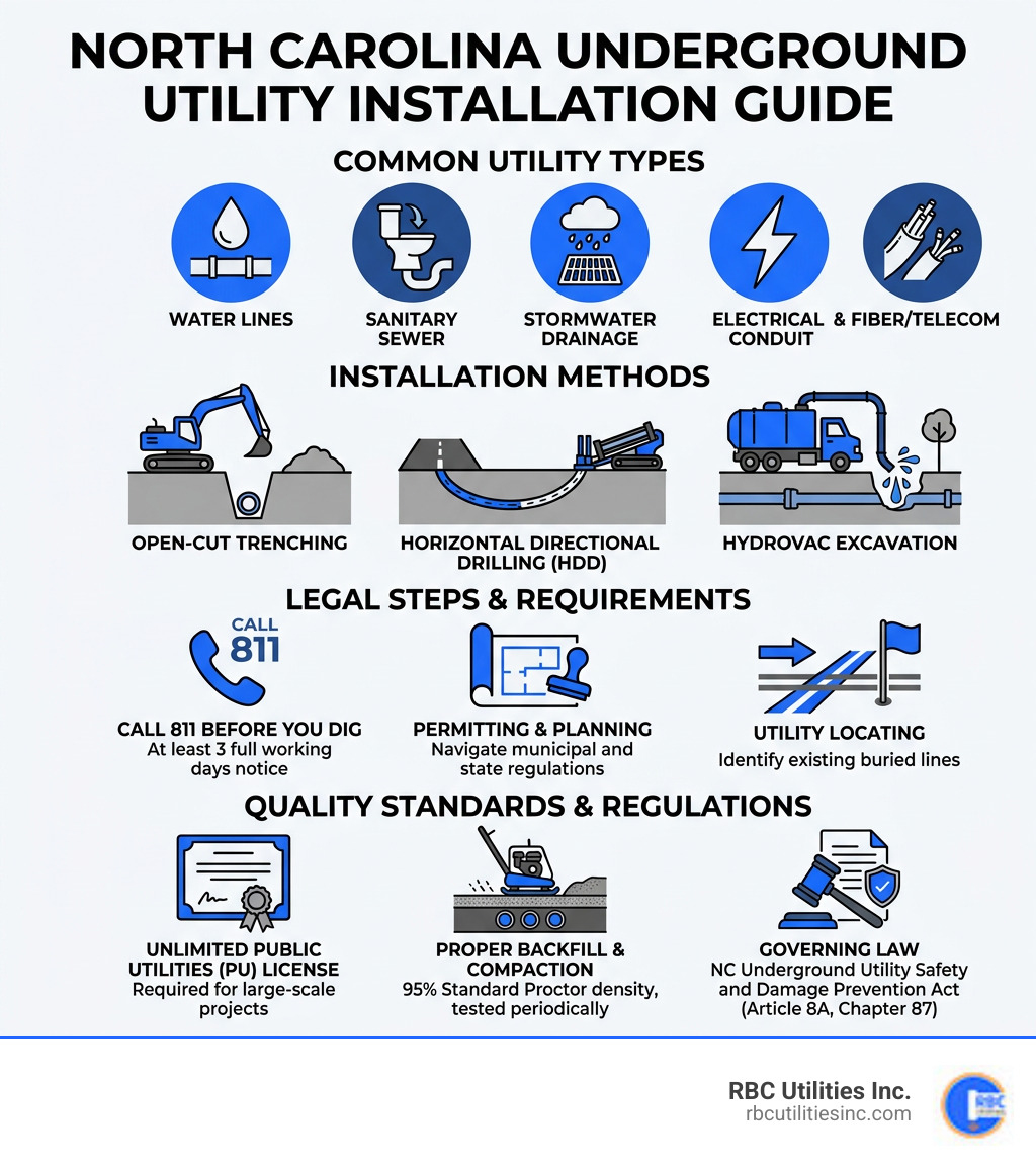 Infographic showing NC underground utility types, installation methods, legal steps, and quality standards - underground Infographic showing NC underground utility types, installation methods, legal steps, and quality standards - underground
