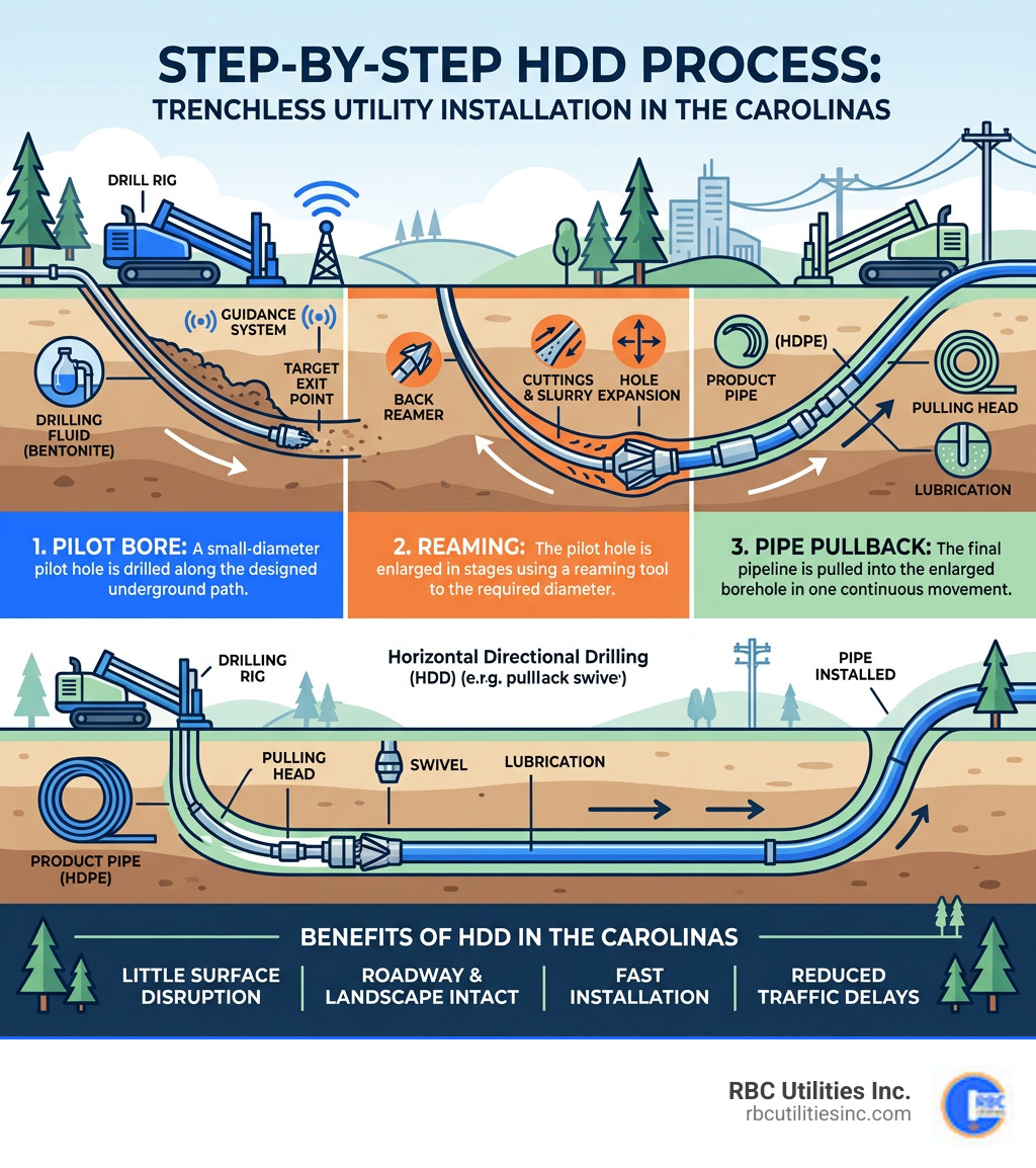 Step-by-step HDD process infographic showing pilot bore, reaming, and pipe pullback stages - trenchless utility installation Step-by-step HDD process infographic showing pilot bore, reaming, and pipe pullback stages - trenchless utility installation