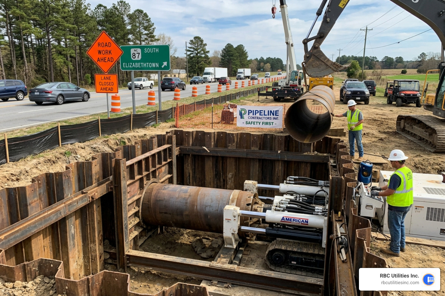 Jack and bore setup under a regional North Carolina highway - trenchless utility installation Carolinas Jack and bore setup under a regional North Carolina highway - trenchless utility installation Carolinas