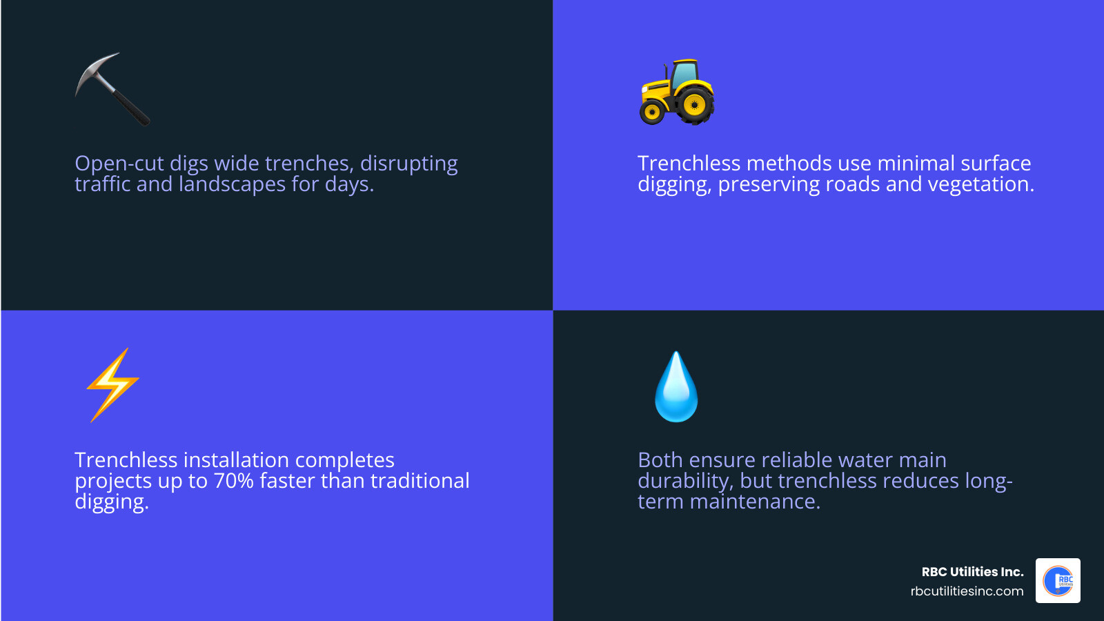 Infographic comparing open-cut and trenchless water main installation - water main contractors carolinas infographic Infographic comparing open-cut and trenchless water main installation - water main contractors carolinas infographic