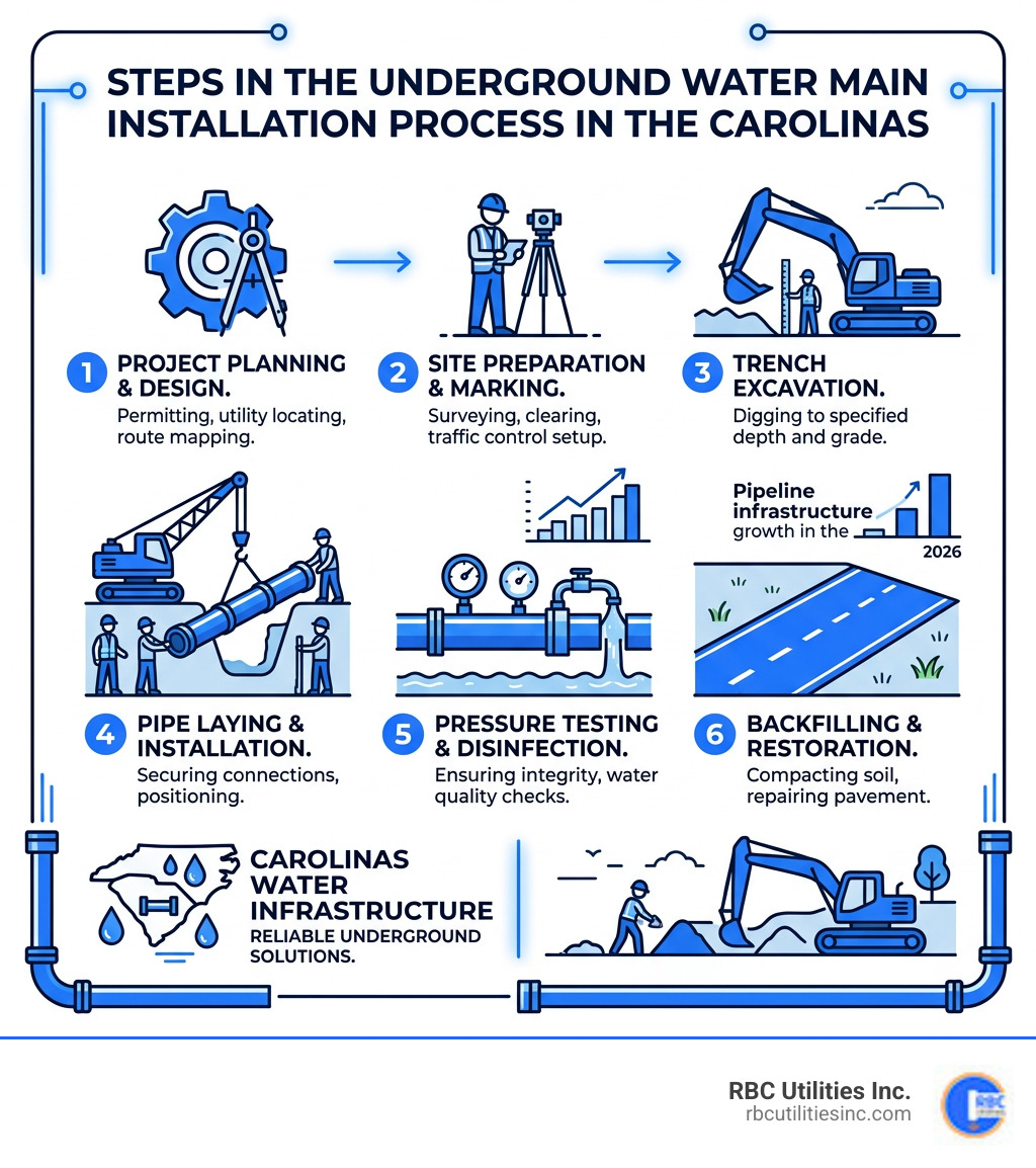 Infographic showing steps in the underground water main installation process in the Carolinas - water main contractors Infographic showing steps in the underground water main installation process in the Carolinas - water main contractors