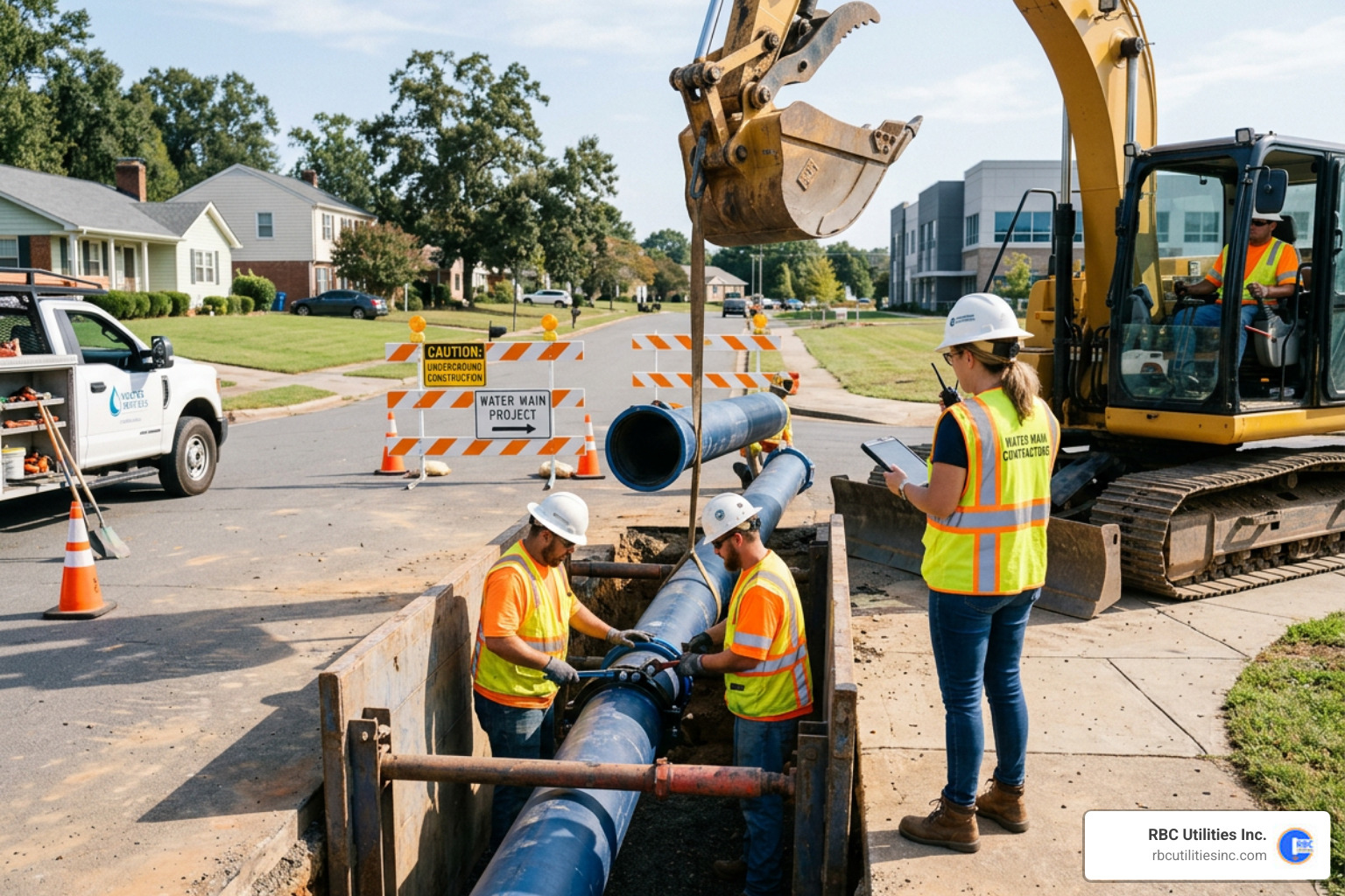 Construction site in Charlotte showing underground utility installation - water main contractors carolinas Construction site in Charlotte showing underground utility installation - water main contractors carolinas
